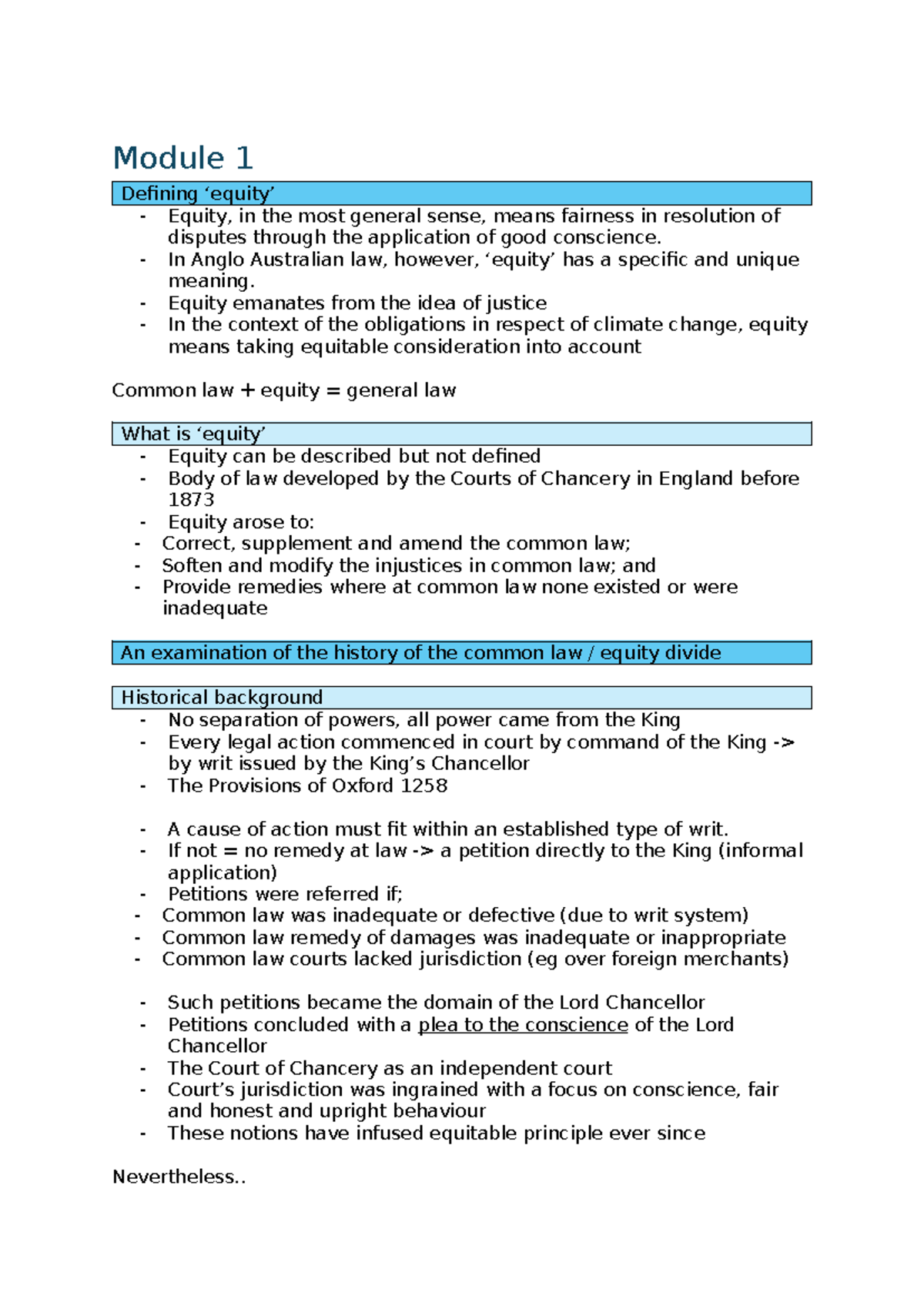 Module 1 The Nature, History, and Maxims of Equity Lecture Notes - Studocu
