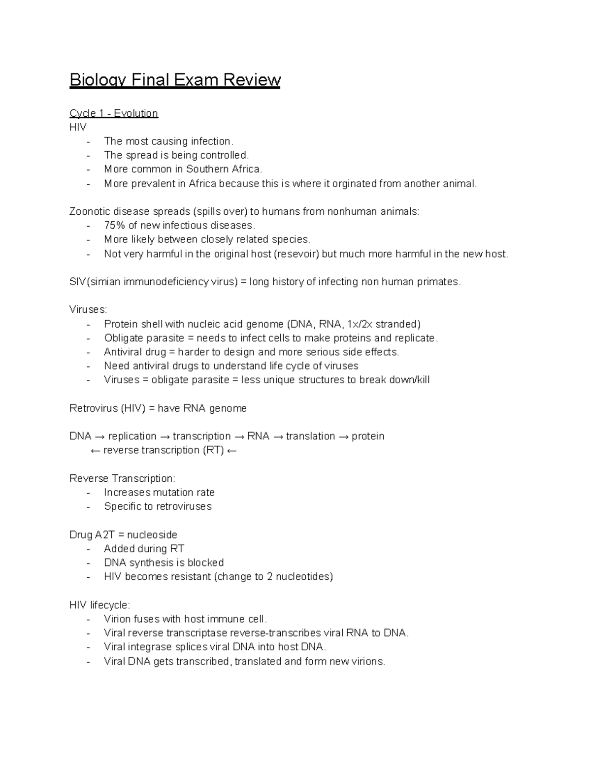Biology Final Exam Review: Evolution, HIV, and Genetic Principles - Studocu