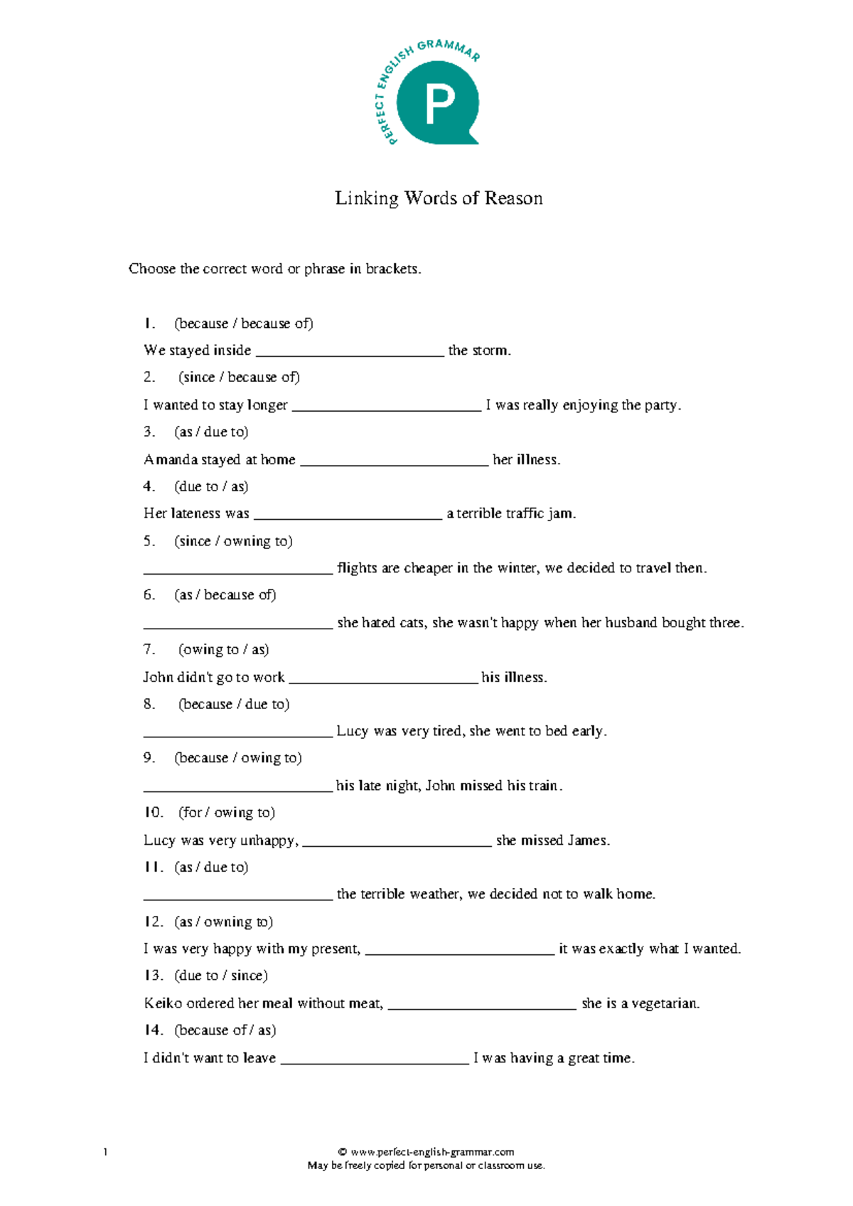Clauses of Reason - 1 © perfect-english-grammar May be freely copied ...