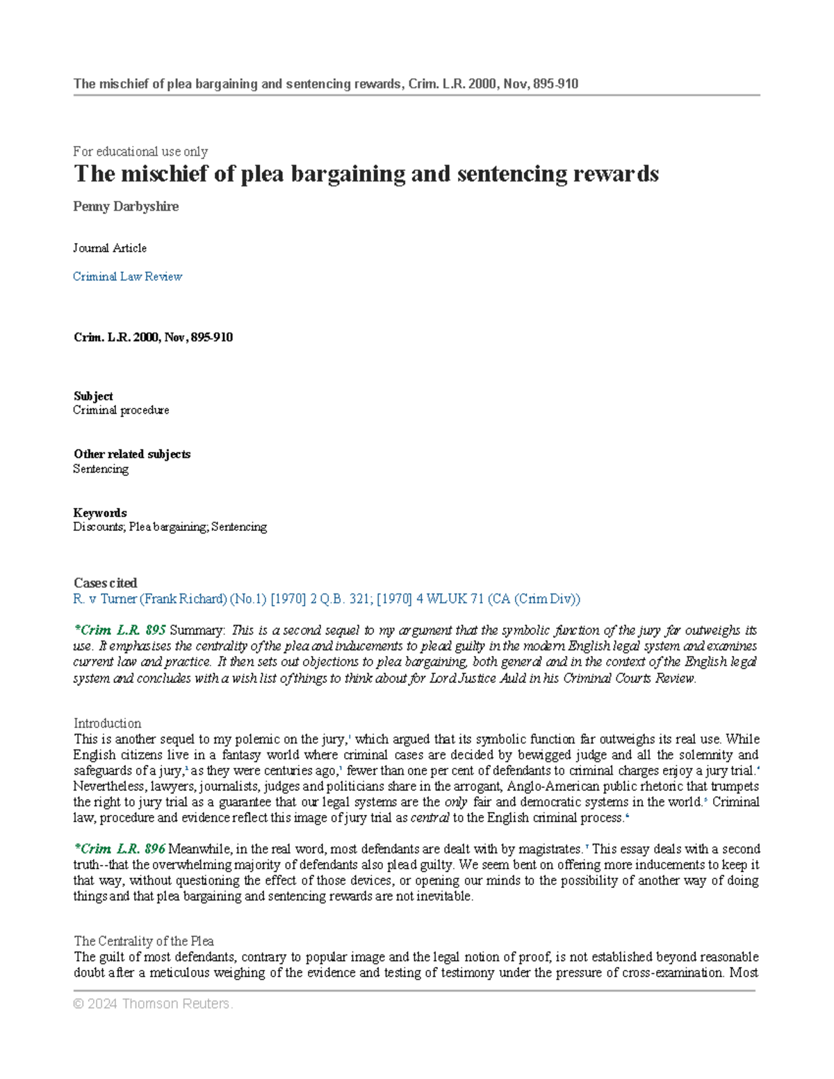 Plea Bargaining & Sentencing Rewards: Analyzing Crim. L.R. Issues - Studocu