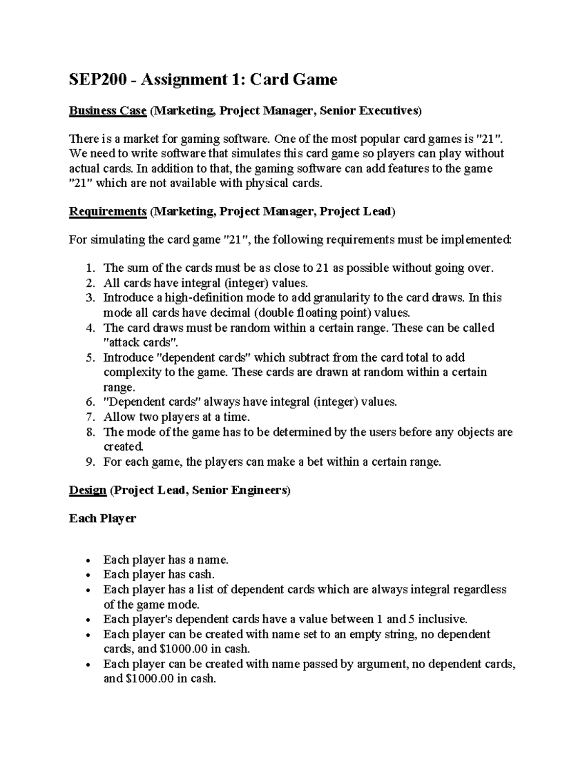 511486320 SEP200 Assignment 1: Card Game Software Development - Studocu