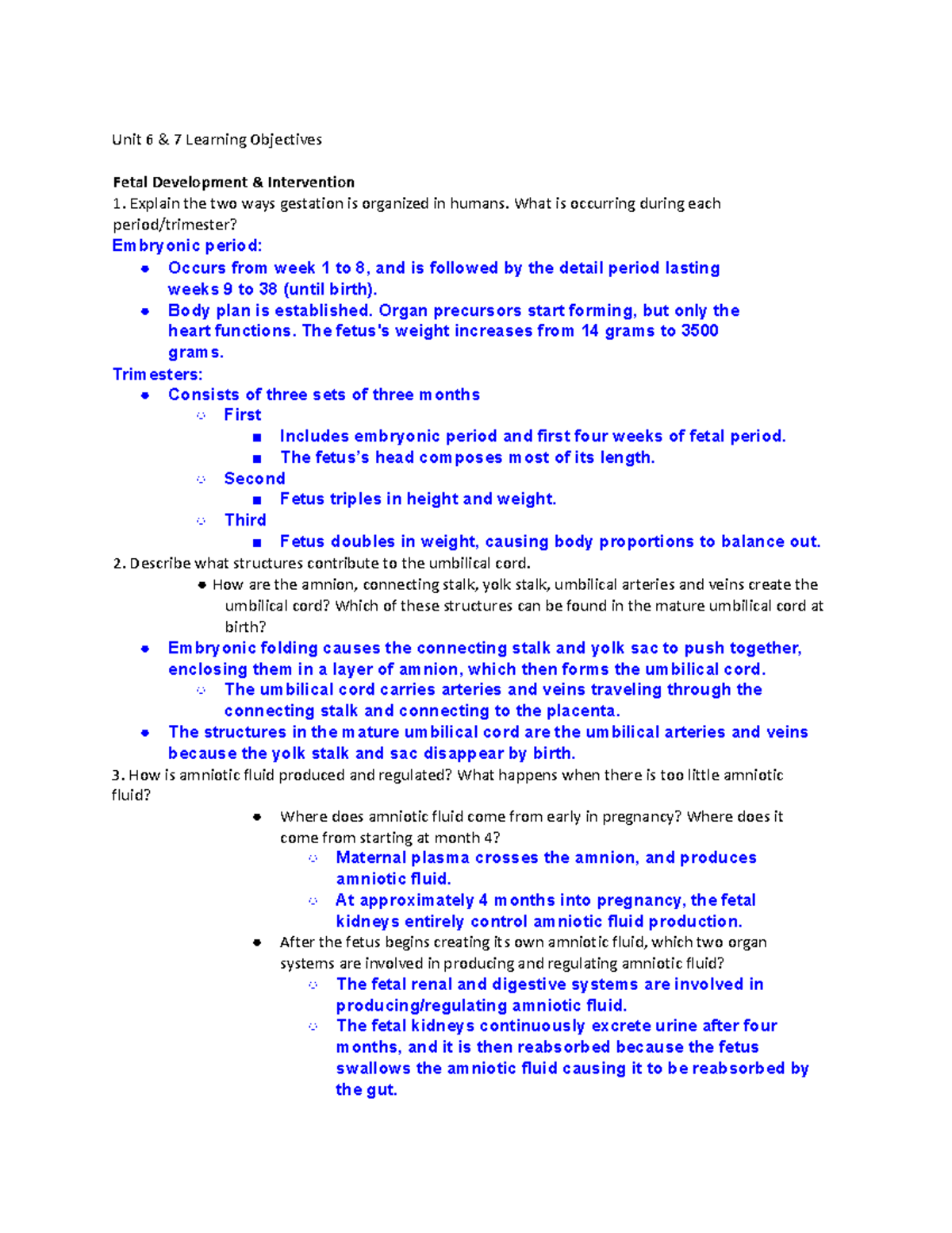 PUBH 325 - Unit 6-7 Learning Objectives on Fetal Development - Studocu