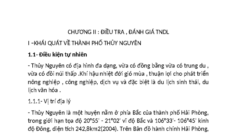 CHƯƠNG II: ĐIỀU TRA VÀ ĐÁNH GIÁ TNDL THÀNH PHỐ THỦY NGUYÊN - Studocu