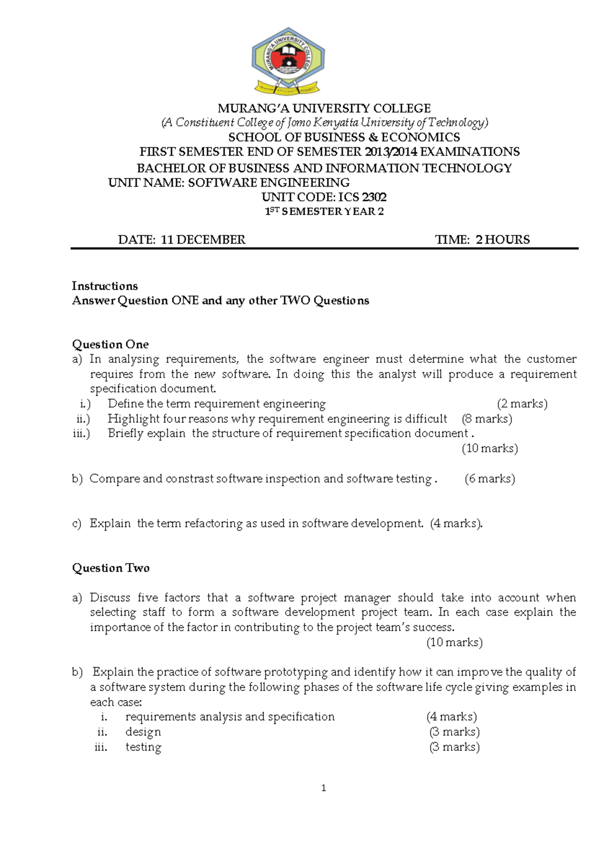 ICS 2302 Software Engineering Final Exam Questions & Guidelines - Studocu