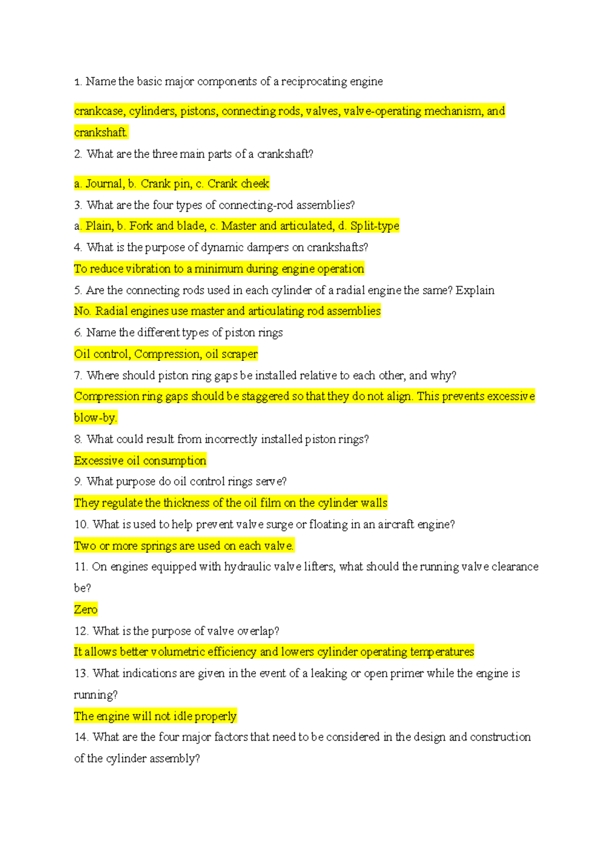 Reciprocating Engine Components & Functions - ENG101 Quiz Notes - Studocu