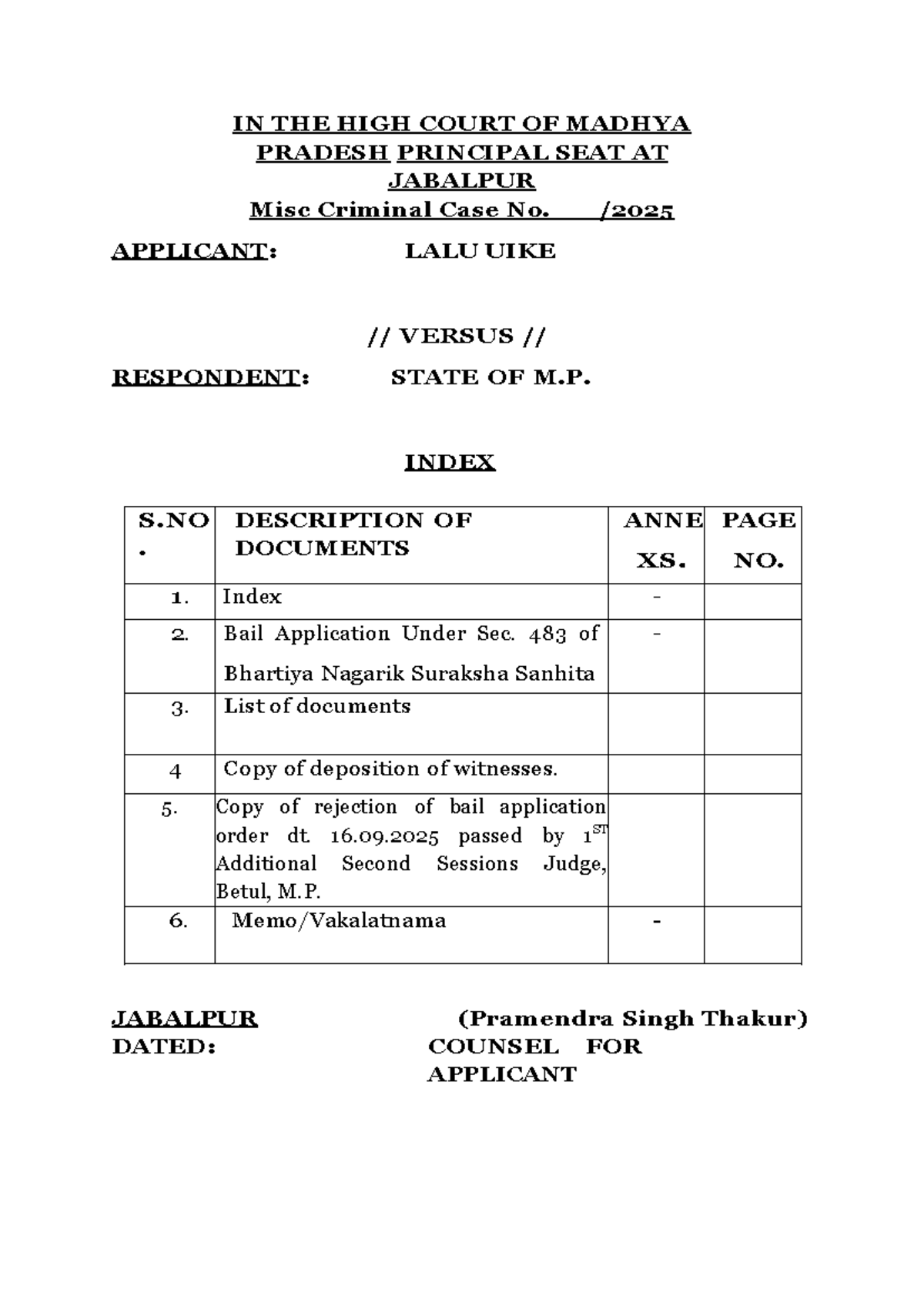 Bail Application Under Sec. 483 of BNSS 2023 - Lalu Uike vs. State of M ...