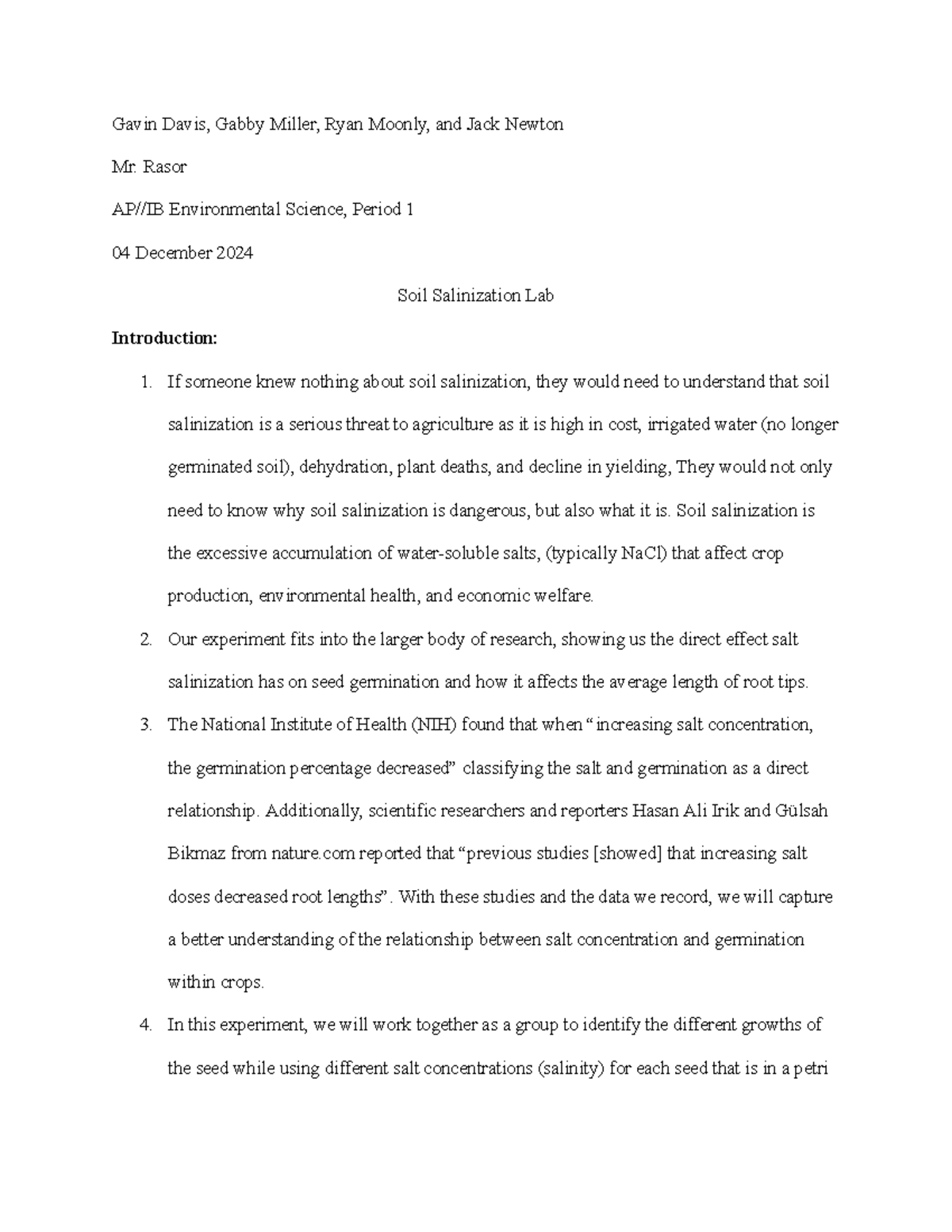 AP/IB Env Sci Period 1: Soil Salinization Lab Report (Dec 2024) - Studocu