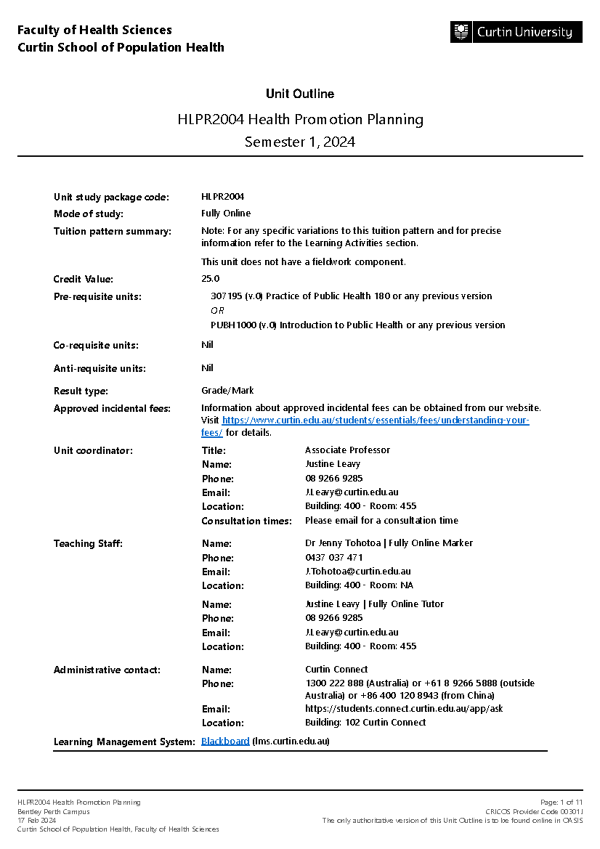 HLPR2004 Health Promotion Planning Unit Outline - Semester 1, 2024 ...