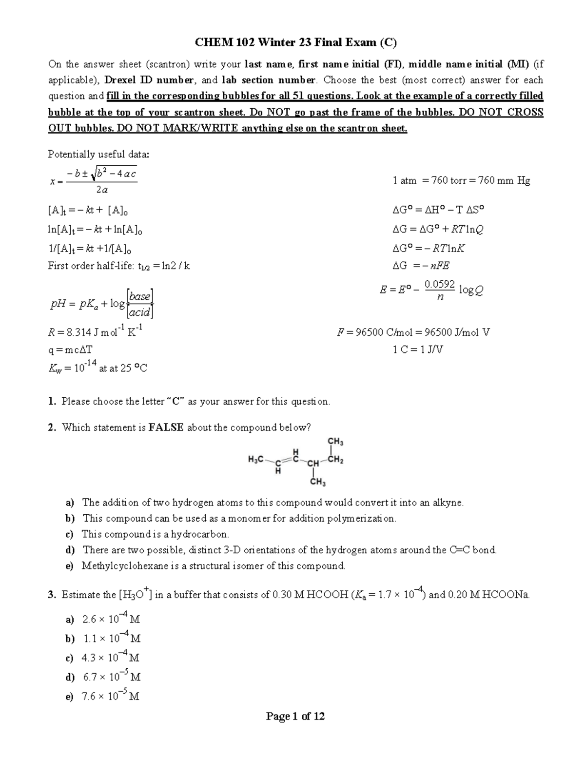 Chem102 Winter 2023 Final Exam (C) Answer Key and Review - Studocu