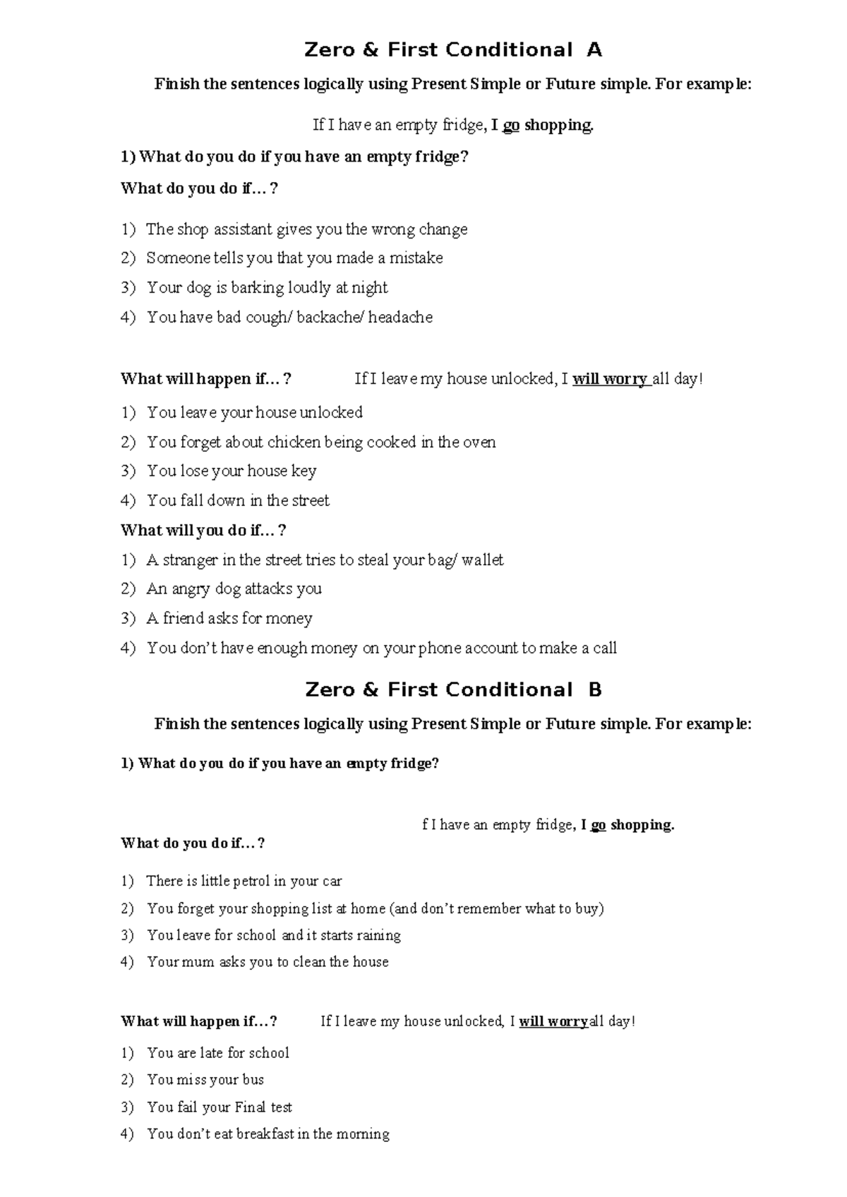 Zero and First Conditional Speaking Exercises - Studocu