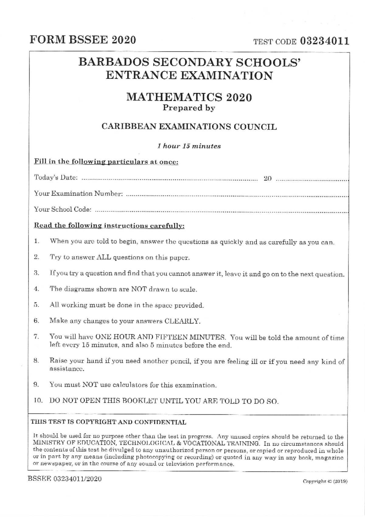 BSSEE 2020 Mathematics Test - Document Code 488340262 - Studocu