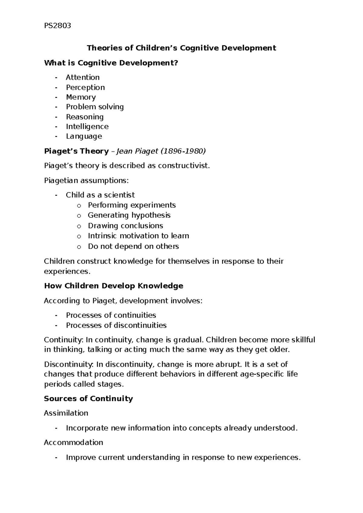 PS2803 Theories of Cognitive Development: Piaget and Vygotsky Insights ...