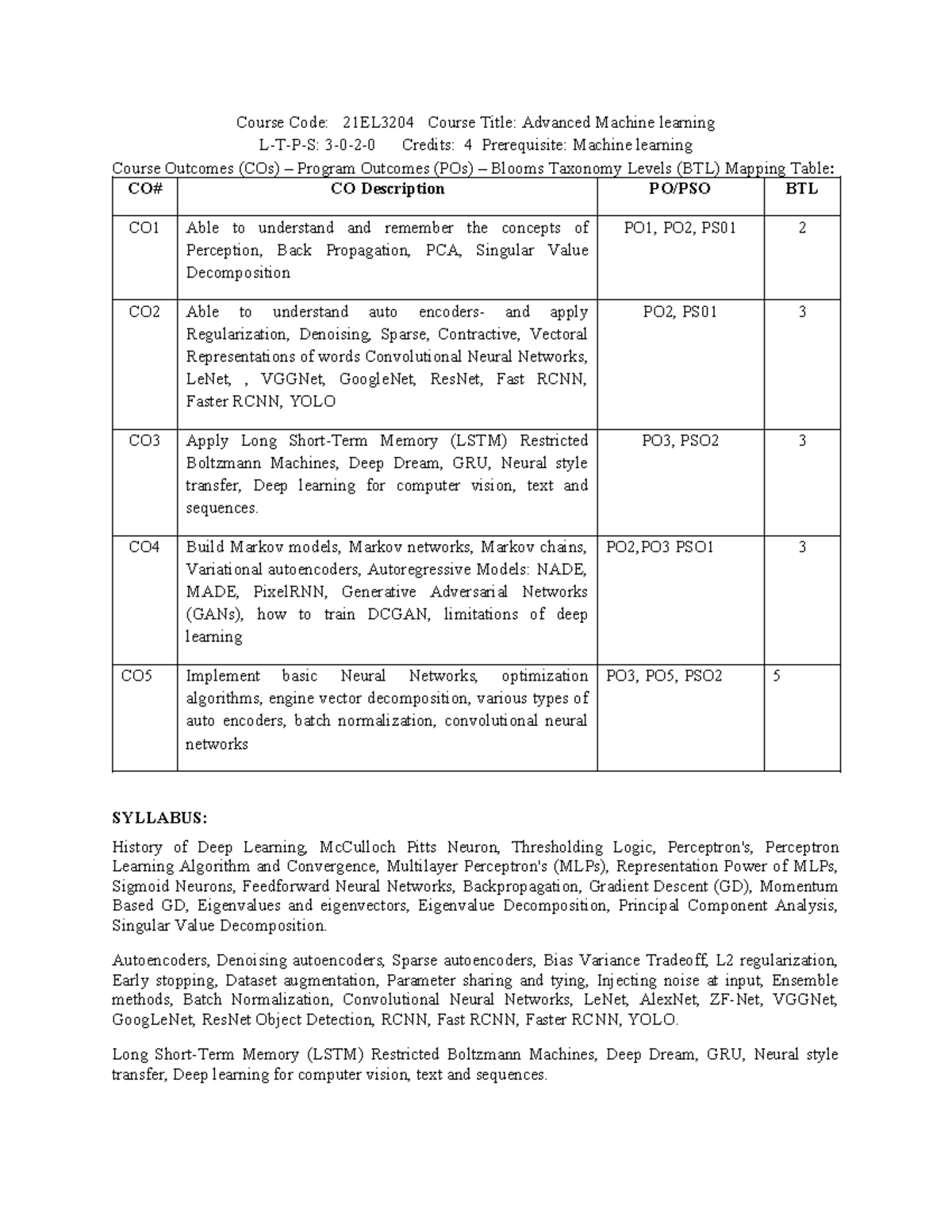 21EL3204 Advanced Machine Learning Syllabus and Course Outcomes - Studocu