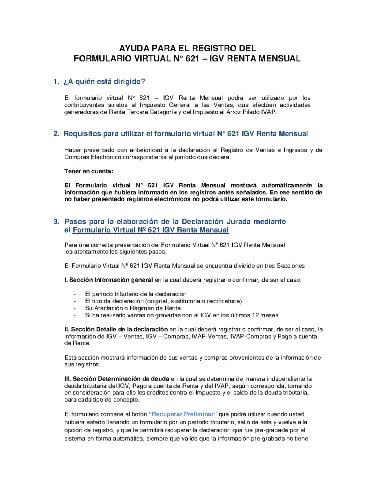 Instrucciones para Llenado del Formulario Virtual N° 621 - IGV Renta ...