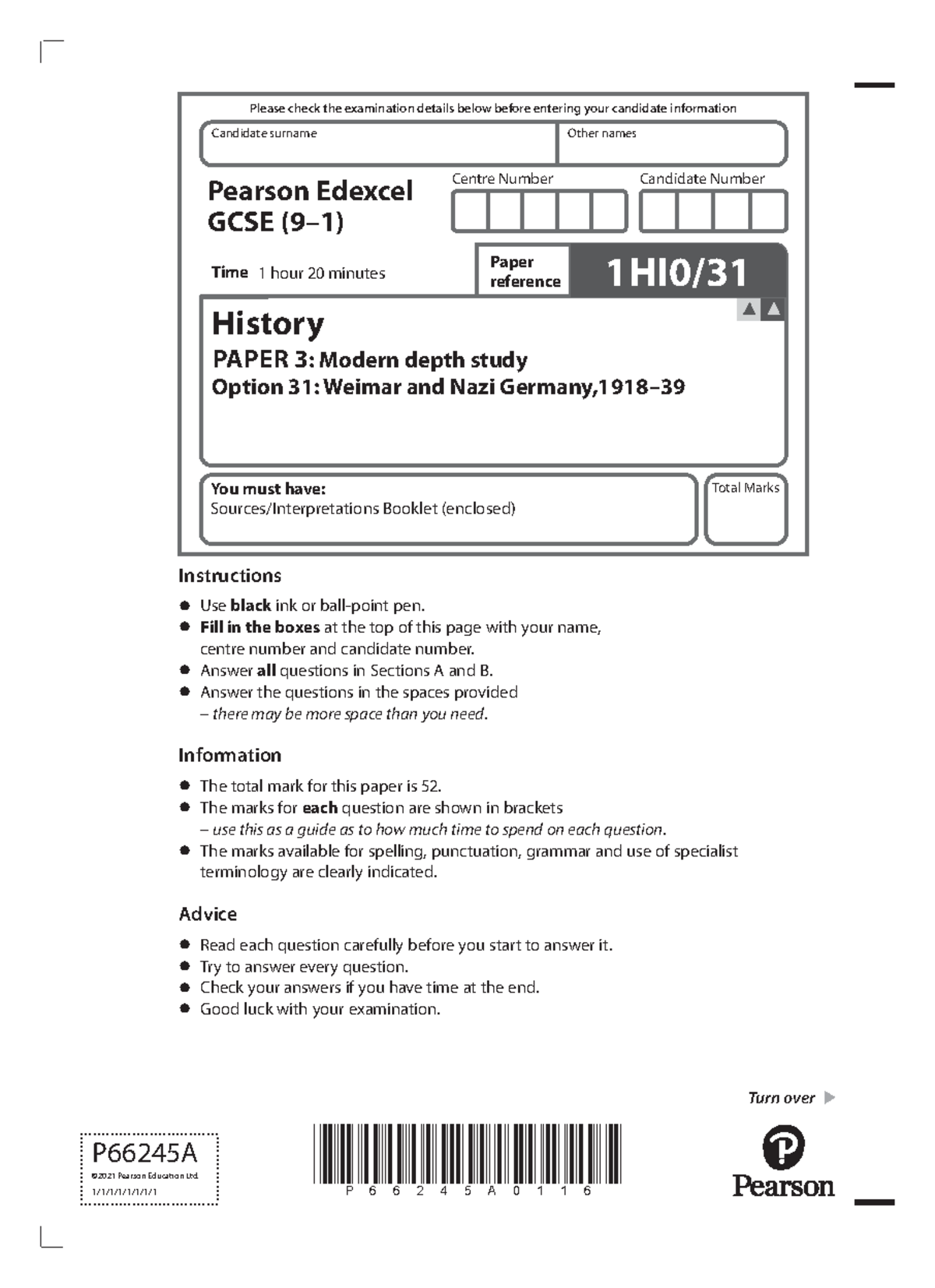 Edexcel GCSE History Paper 3 (1HI0/31) Modern Depth Study Nov 2021 ...