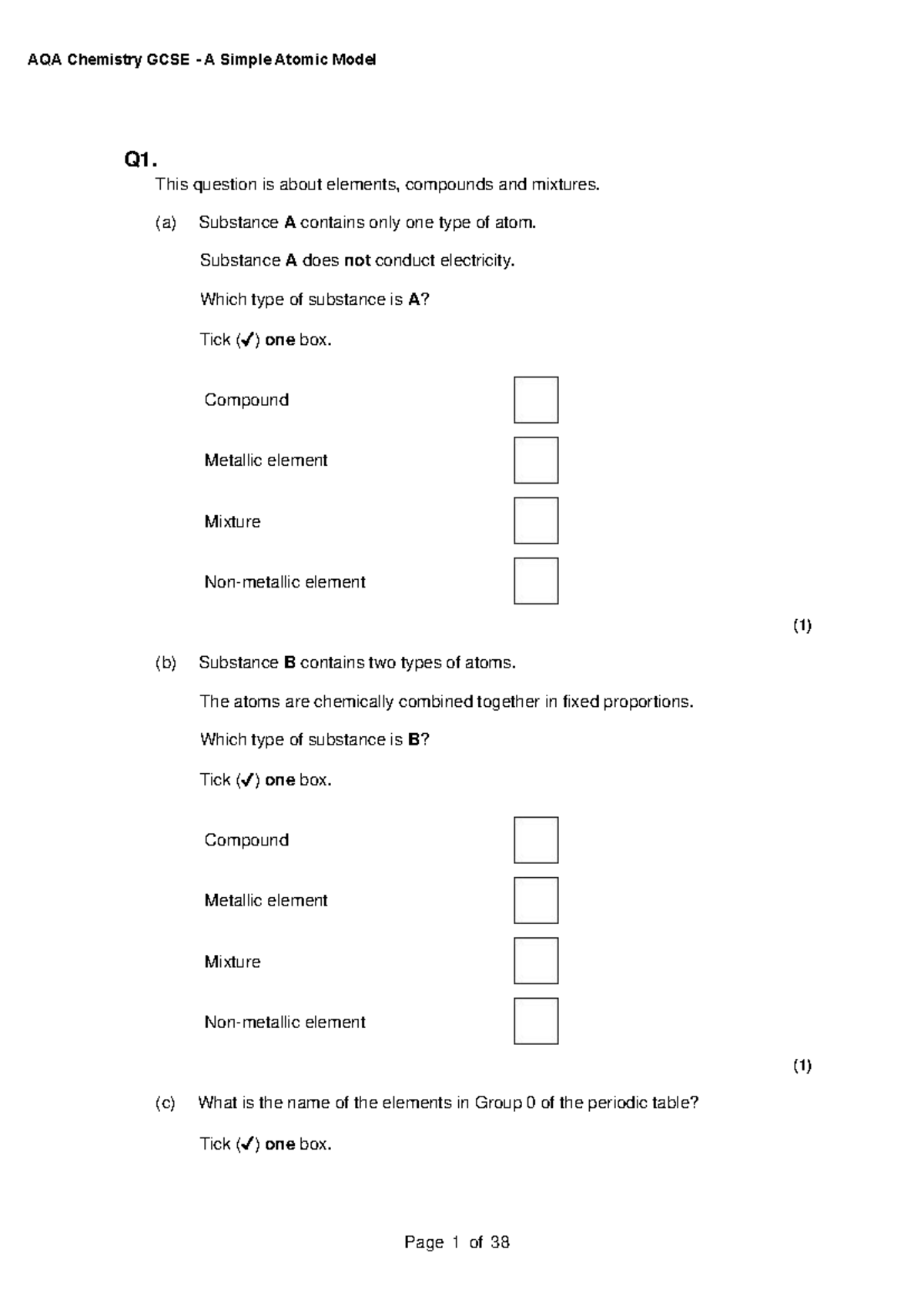 AQA Chemistry GCSE 1.1 Simple Atomic Model Question Paper - Studocu