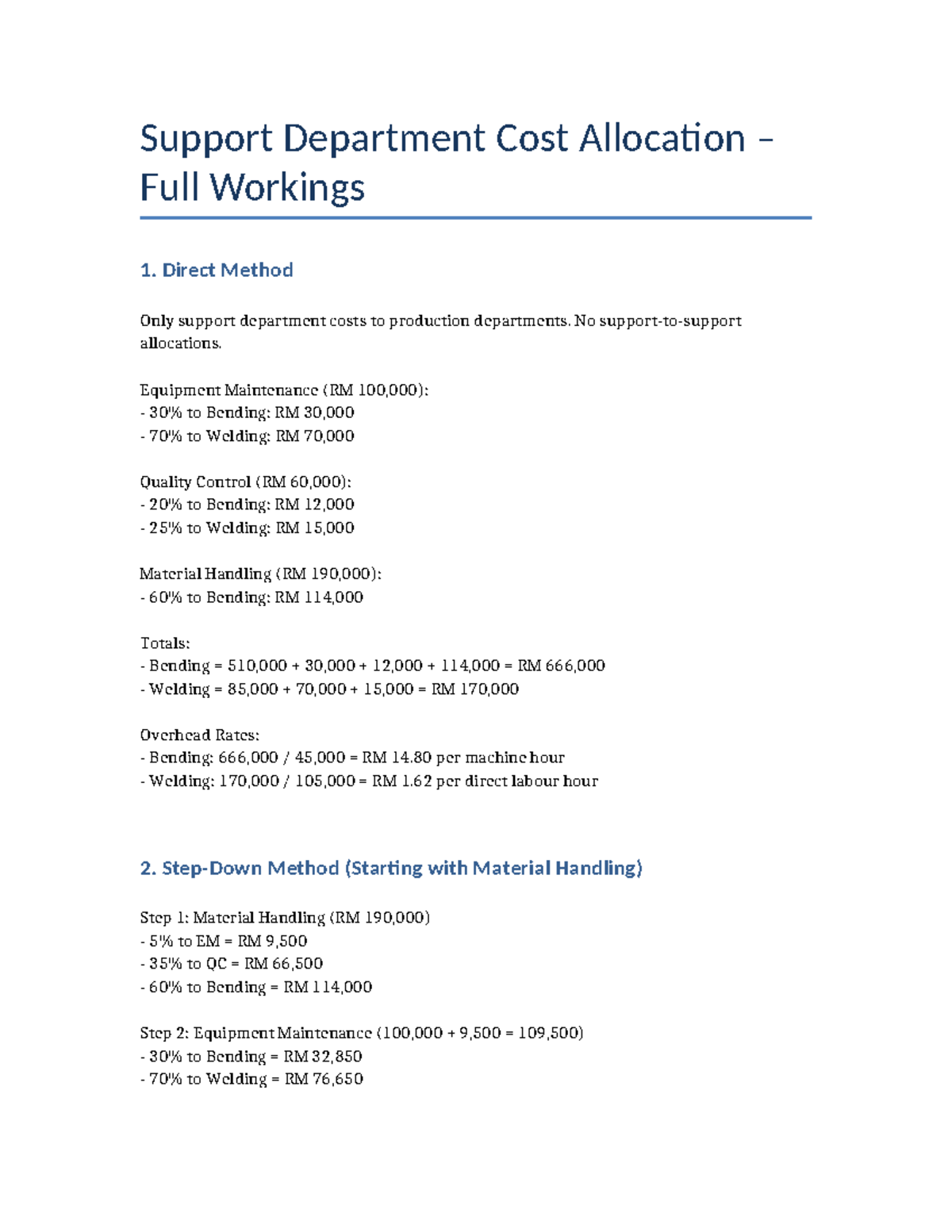 Support Dept Cost Allocation: Full Workings & Methods - Studocu