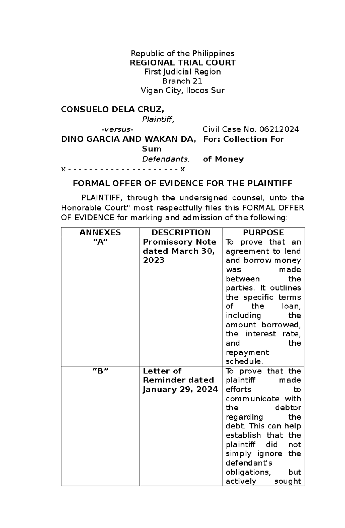 Formal Offer OF Evidence FOR Plaintiff - Republic of the Philippines ...