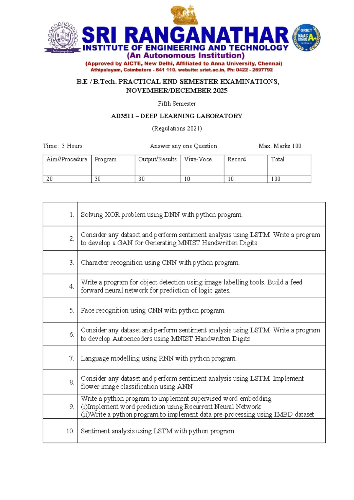 AD3511 Deep Learning Lab Practical Exam Questions 2025 - Studocu
