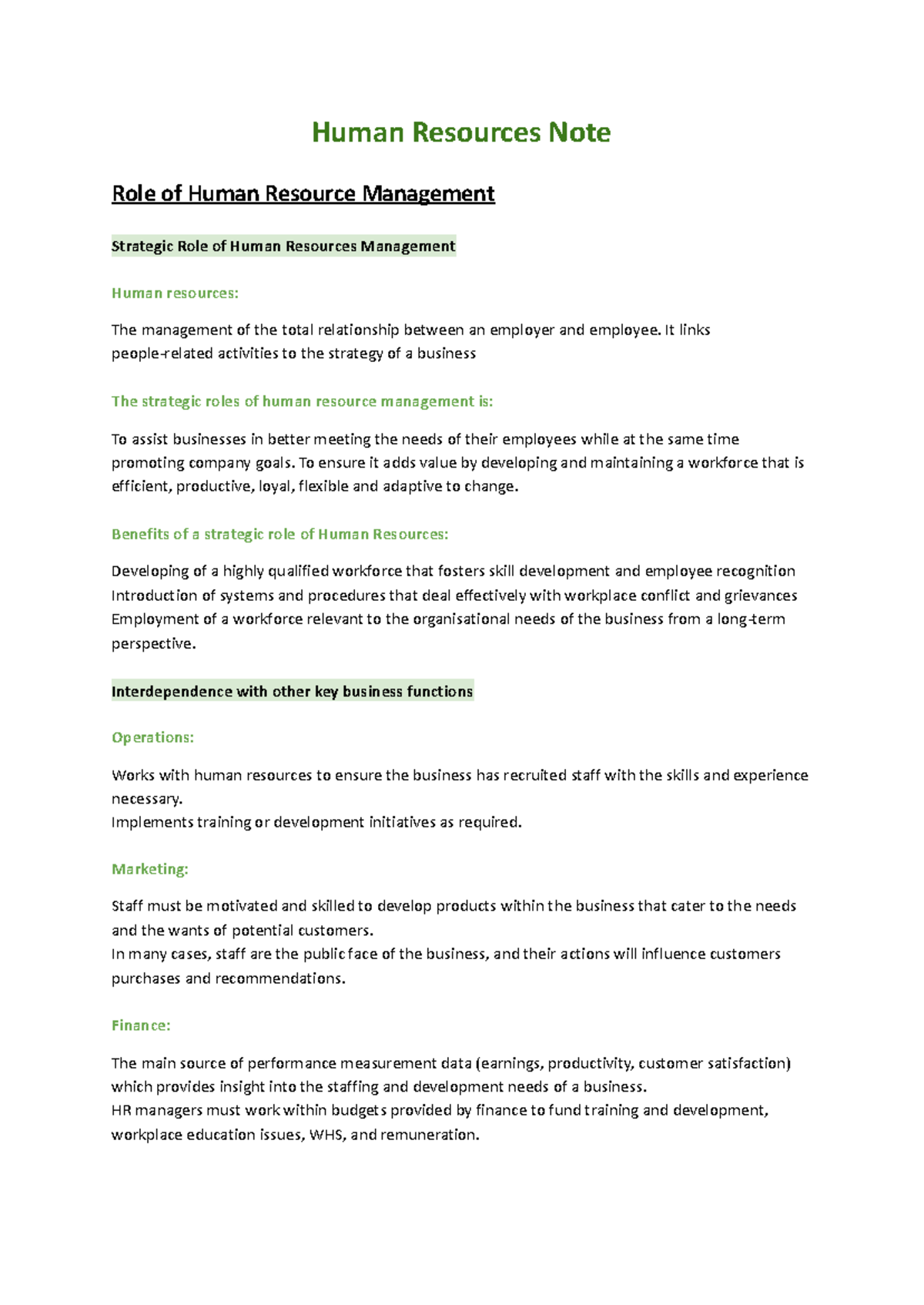 HSC Business HR Notes: Strategic Role of Human Resource Management ...