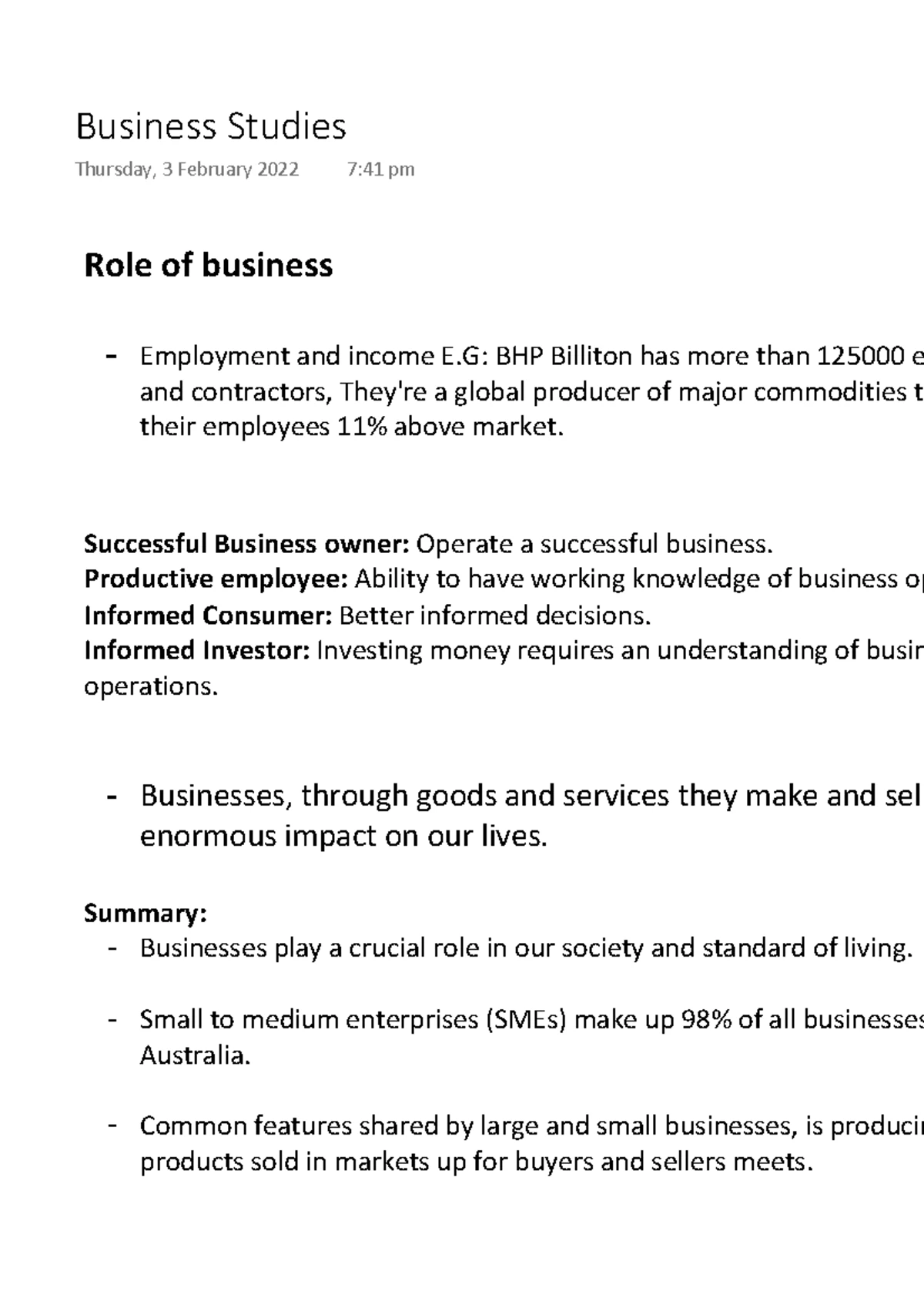 Nature of business notes - Year 11 BUSINESS STUDIES THE NATURE OF ...