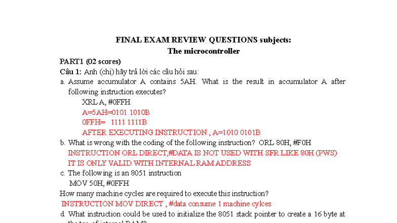 FINAL EXAM REVIEW QUESTIONS: Microcontroller 8051 Part 1 - Studocu