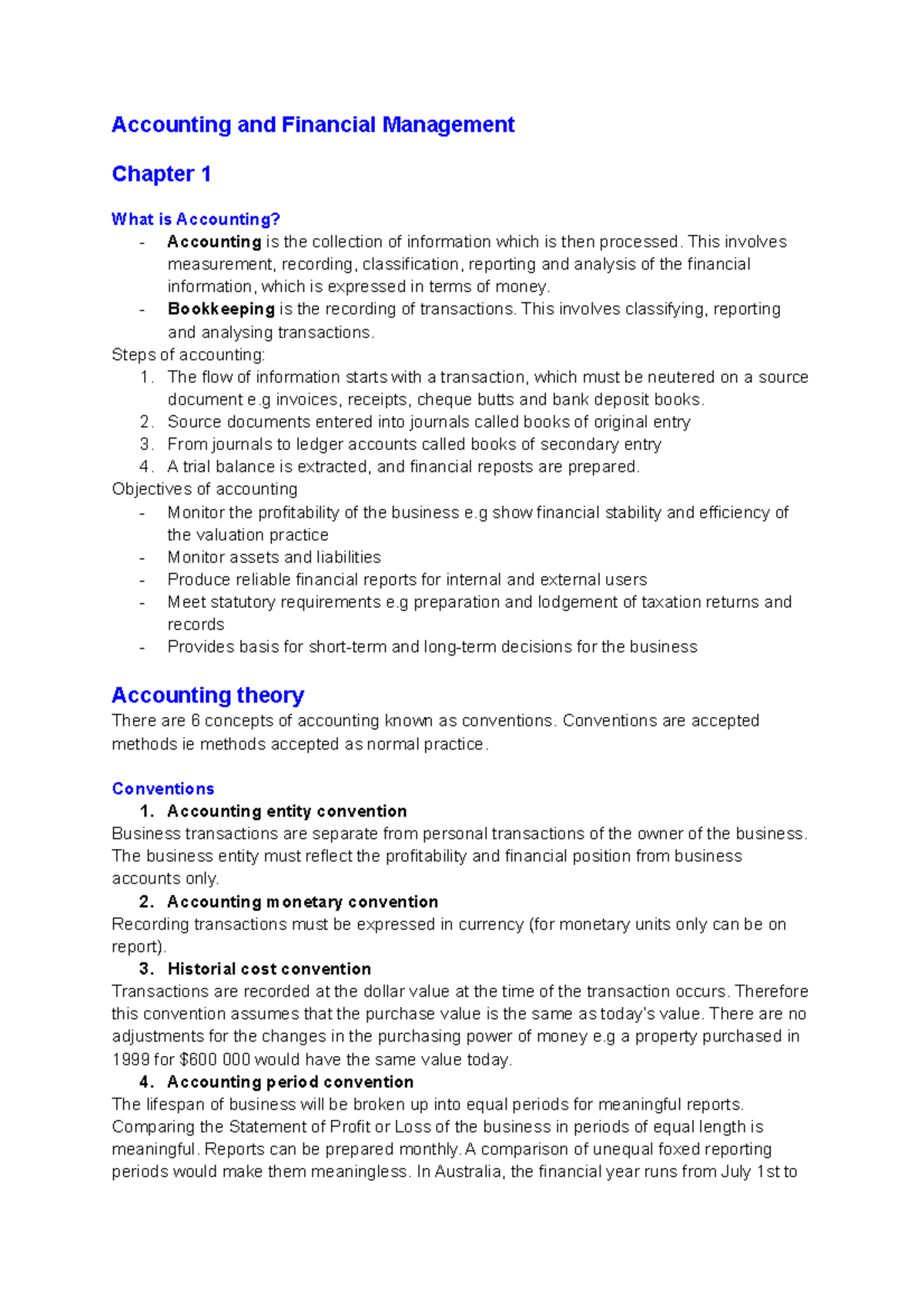 ACC101: Chapter 1 - Accounting Principles and Concepts Notes - Studocu