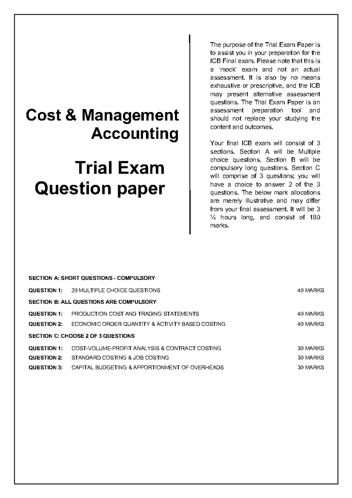 TPQ2 - Cost Management Accounting ICB Final Exam Trial Paper - Studocu