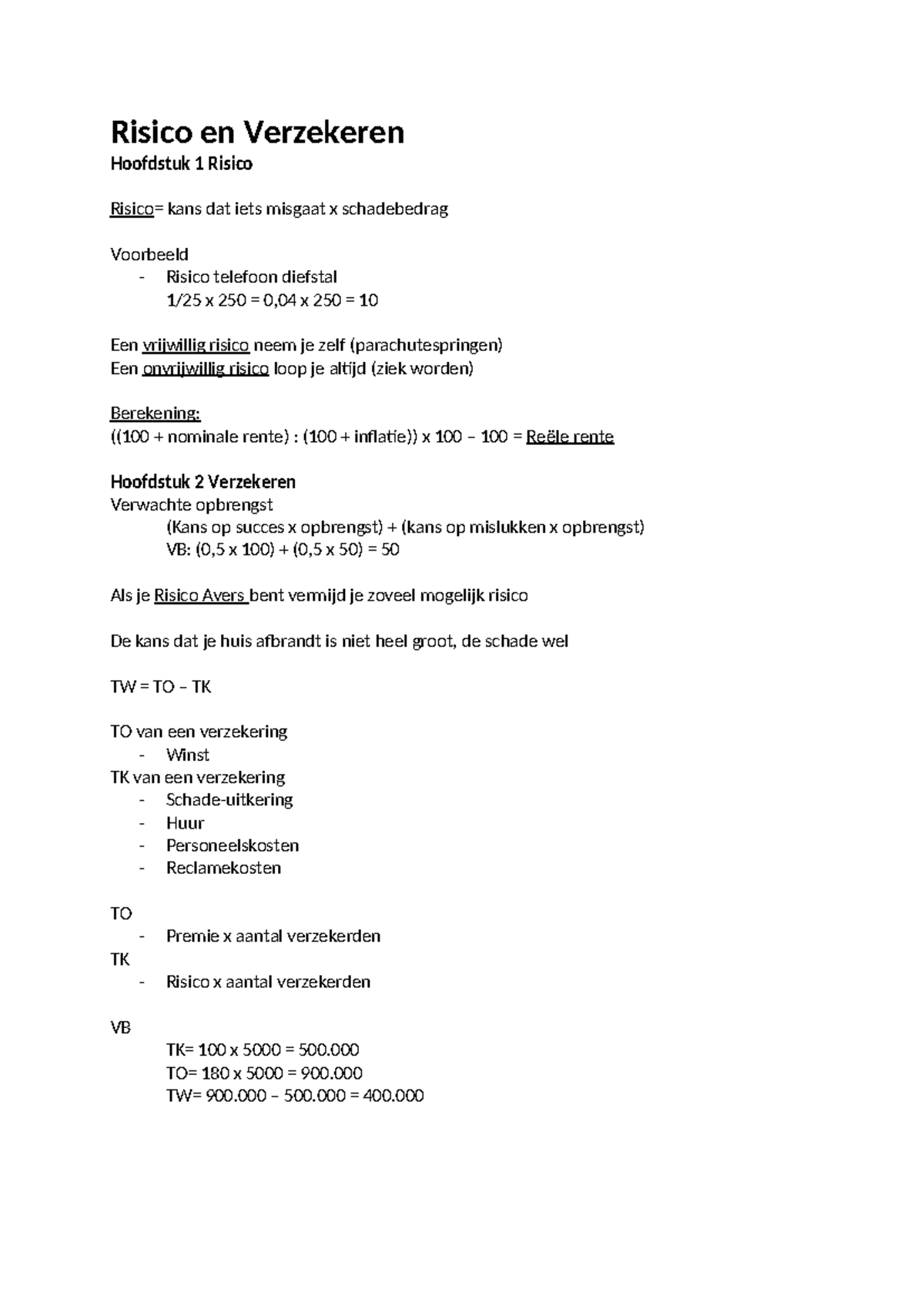 Risico en Verzekeren: Hoofdstukken en Belangrijke Concepten - Studeersnel
