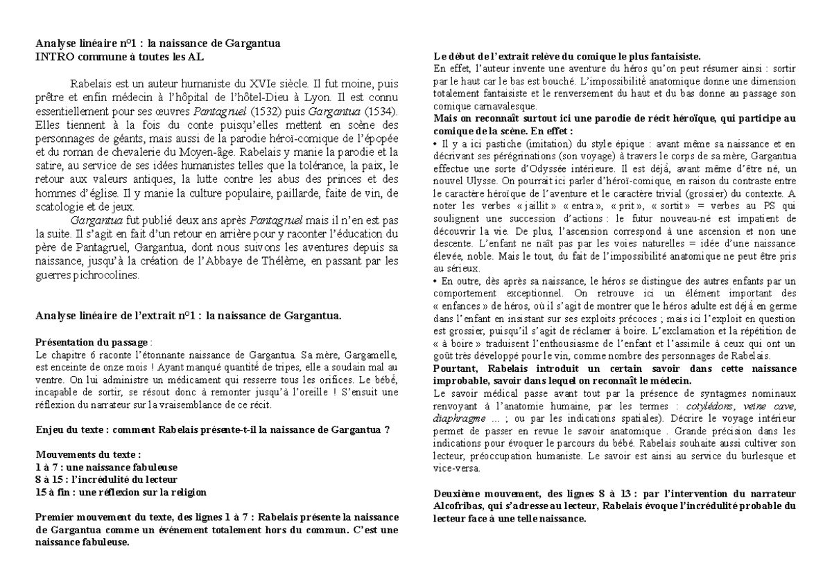 La Naissance De Gargantua Analyse Linéaire www.studocu.com