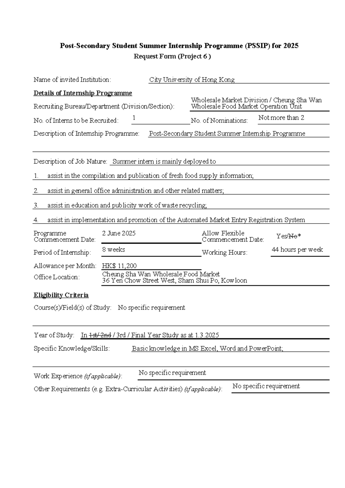 2025 PSSIP Summer Internship Request Form - Project 6 at City U - Studocu