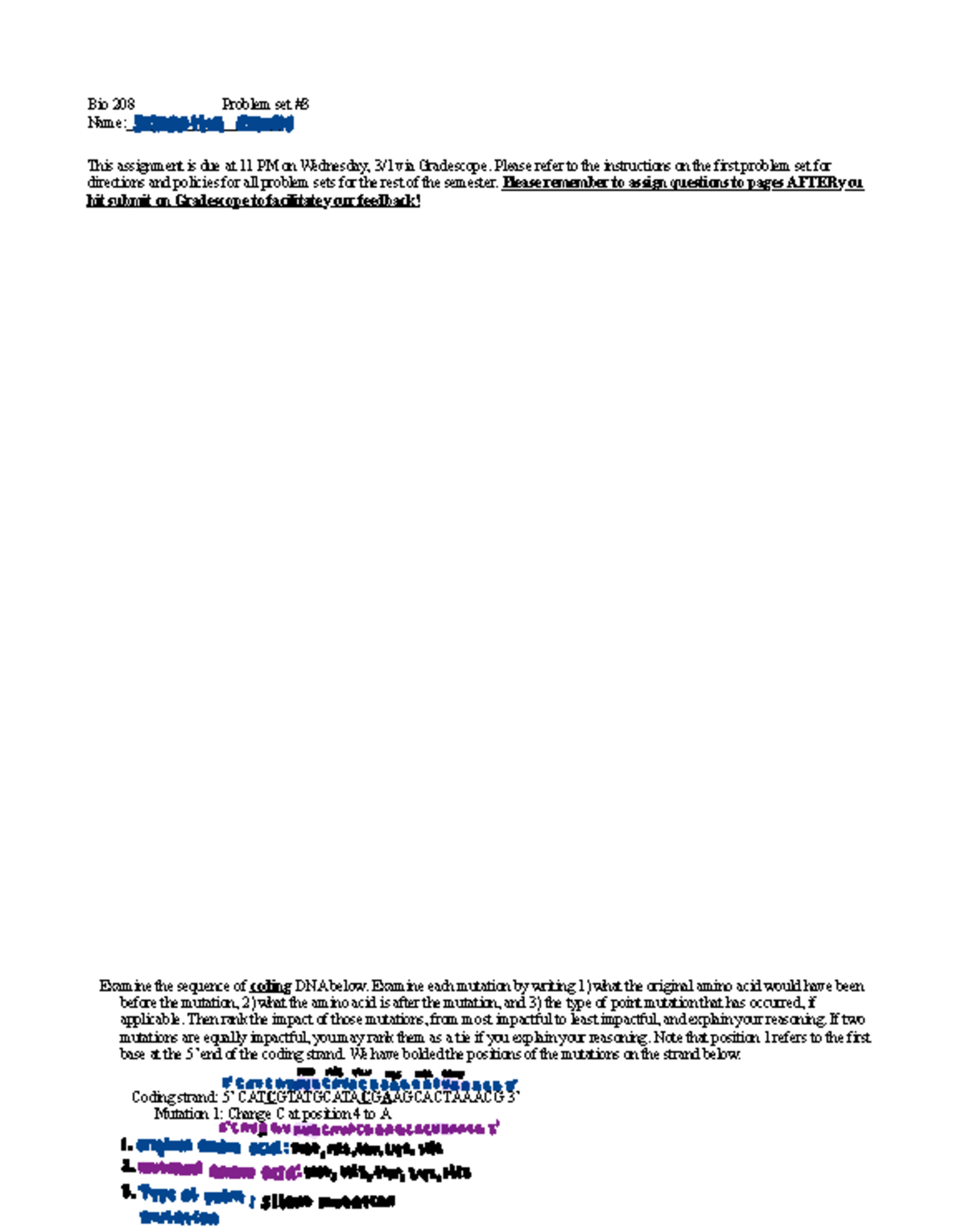 Bio 208 Problem Set 3 - Detailed Mutation Analysis and Ranking - Studocu