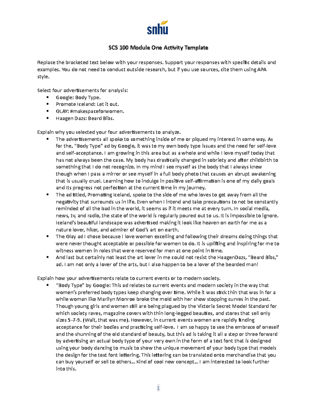 SCS 100 Module One Ad Analysis Activity: Personal Reflections ...
