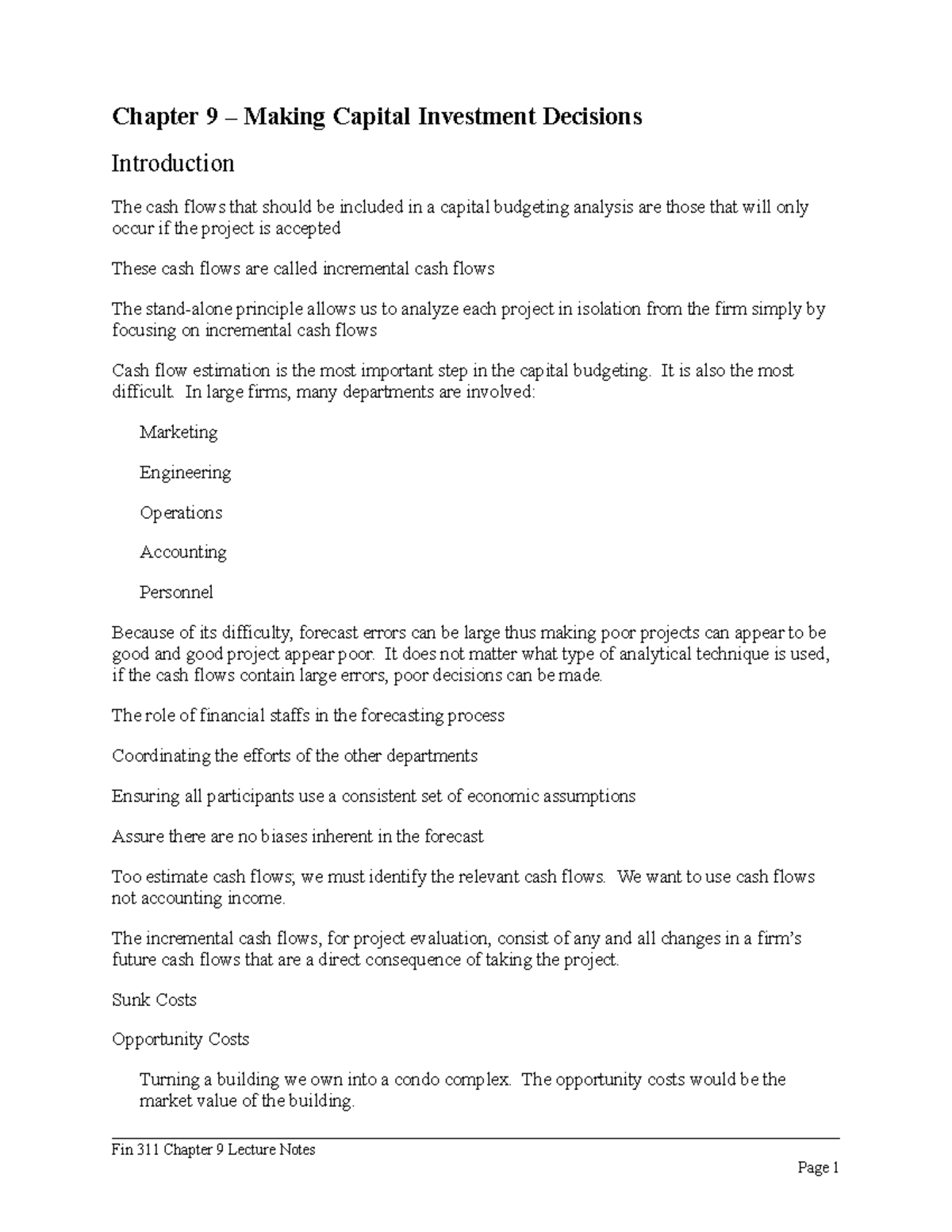Fin 311 Chapter 9 Capital Investment Decisions Summary & Lecture Notes ...