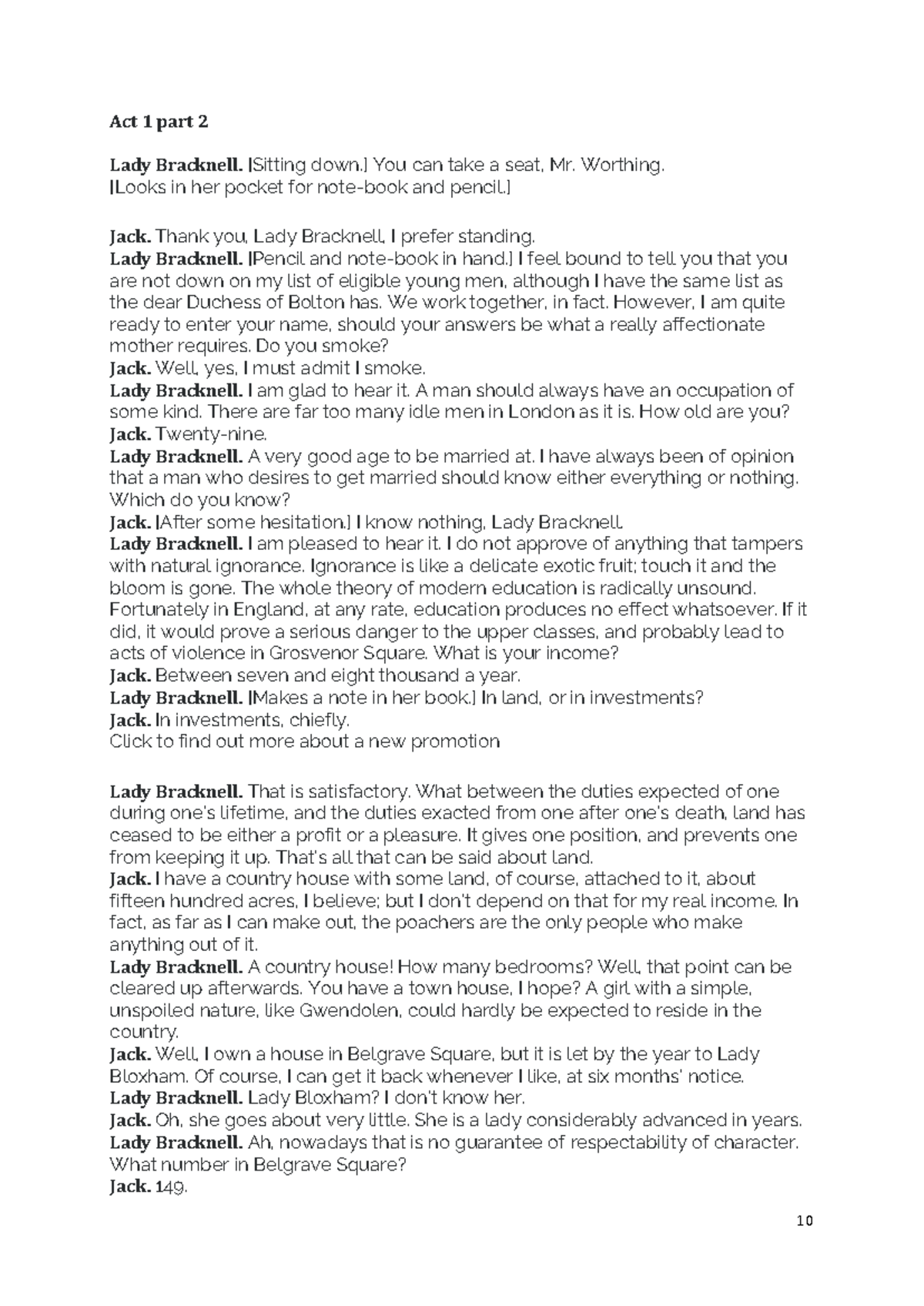 The Importance of Being Earnest - Act I part 2 and Act II - Act 1 part ...