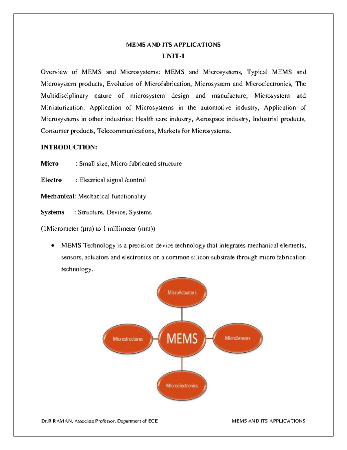 MEMS Unit-1: Insights into MEMS Technology and Applications - Studocu