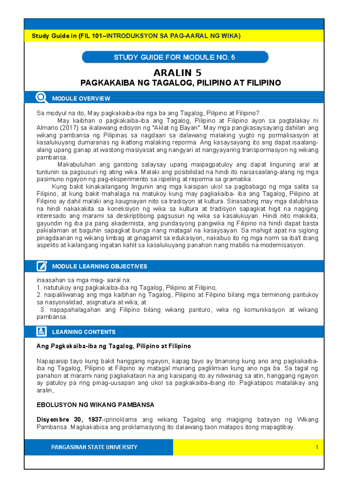 Study Guide 5 fil101 - NNNNN - STUDY GUIDE FOR MODULE NO. 5 ARALIN 5 ...