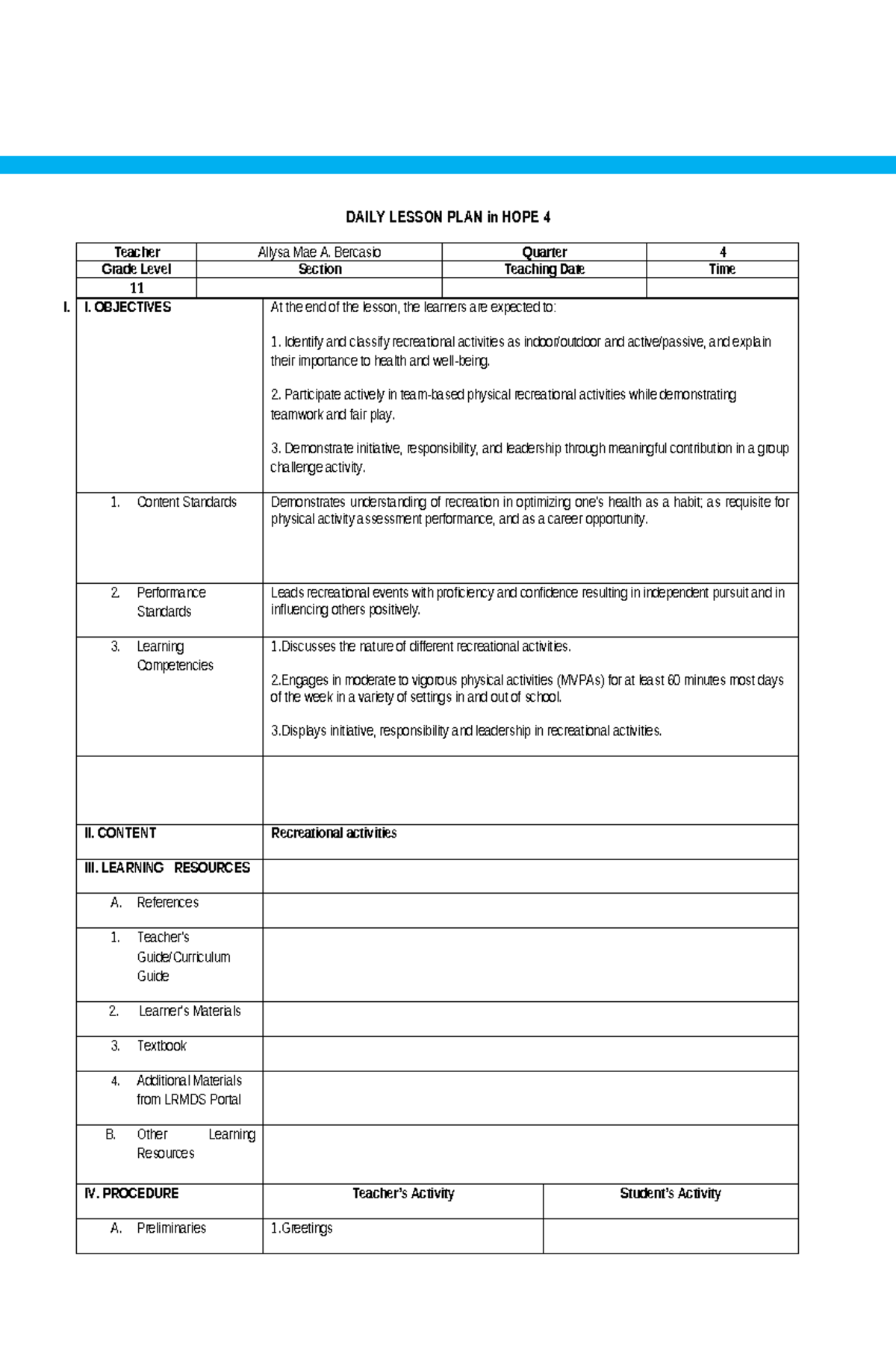 DAILY LESSON PLAN (DLP) for HOPE 4 - Grade 11 Activities and Objectives ...