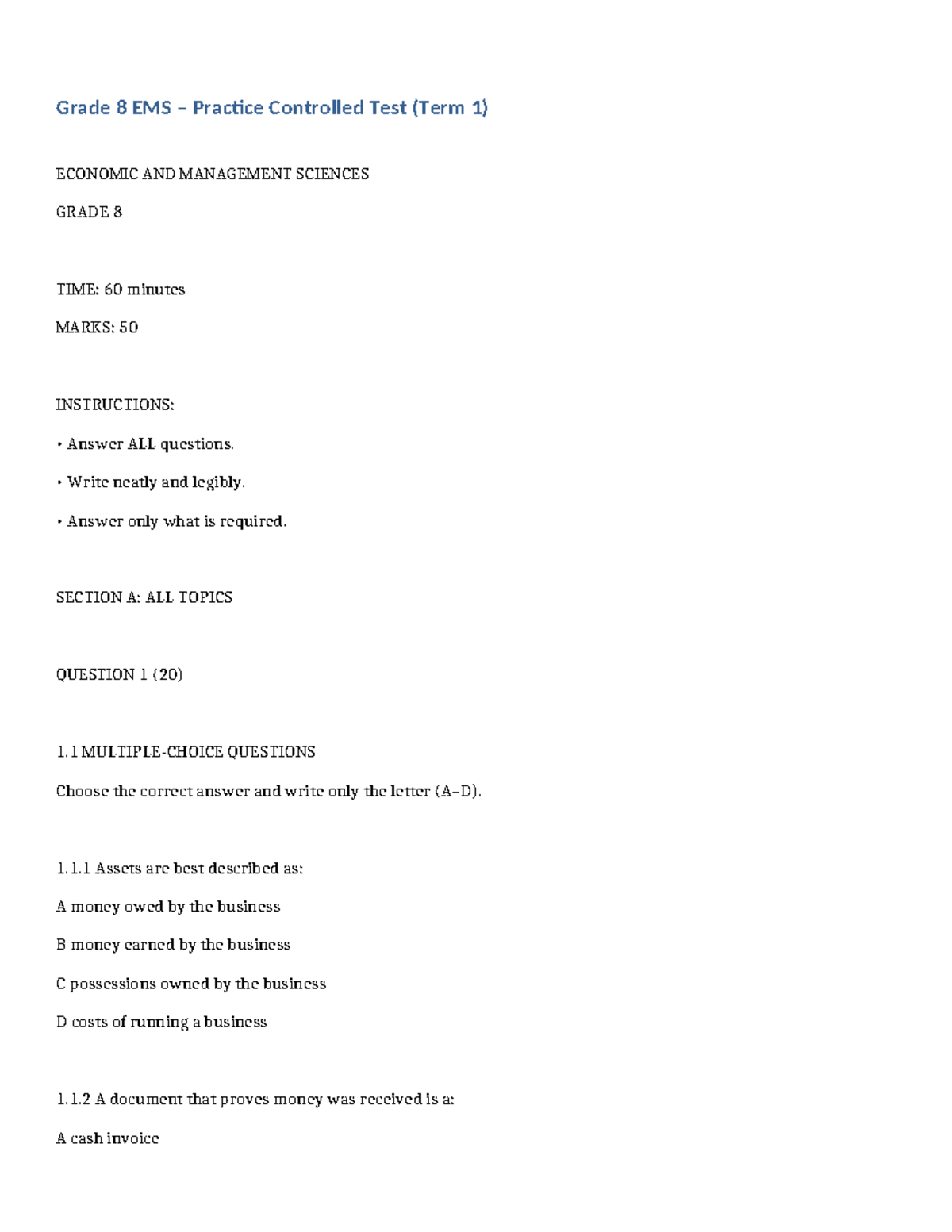 Grade 8 EMS Practice Test Term 1: Economic Concepts and Questions - Studocu