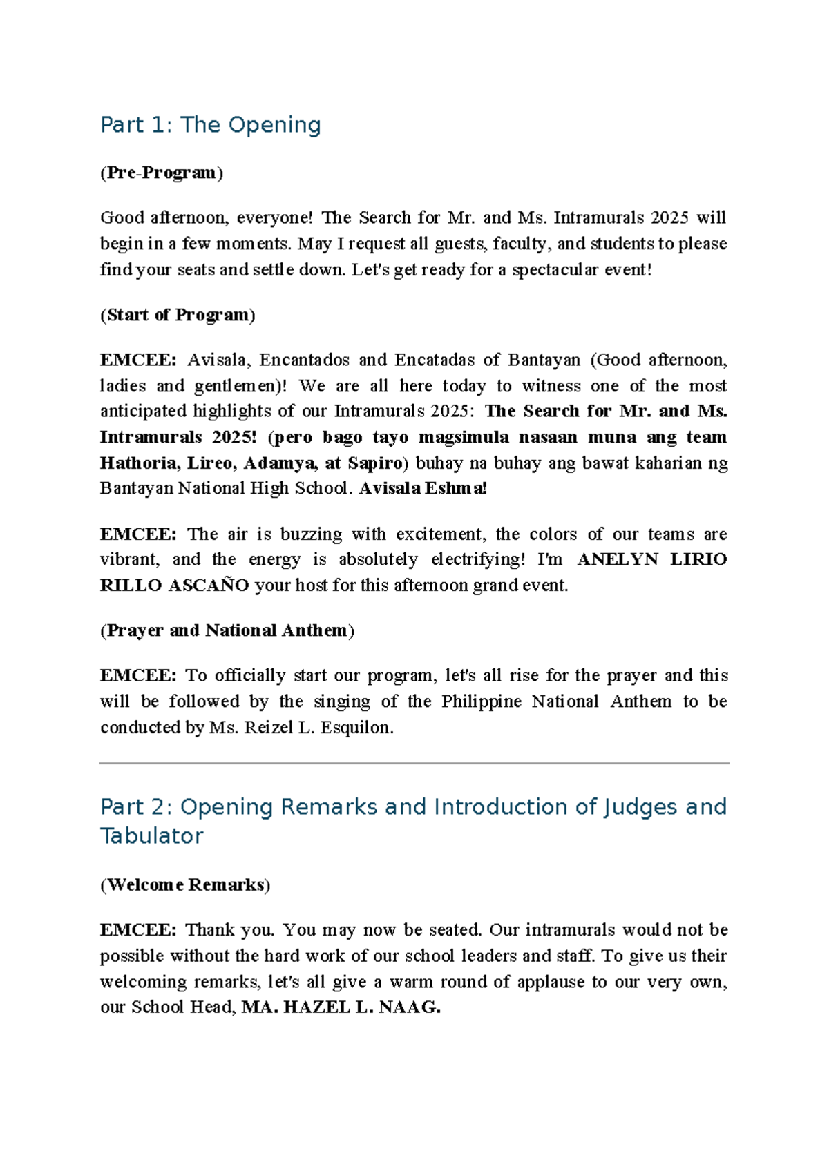 Intramurals 2025: Script for the Search for Mr. and Ms. Intramurals ...