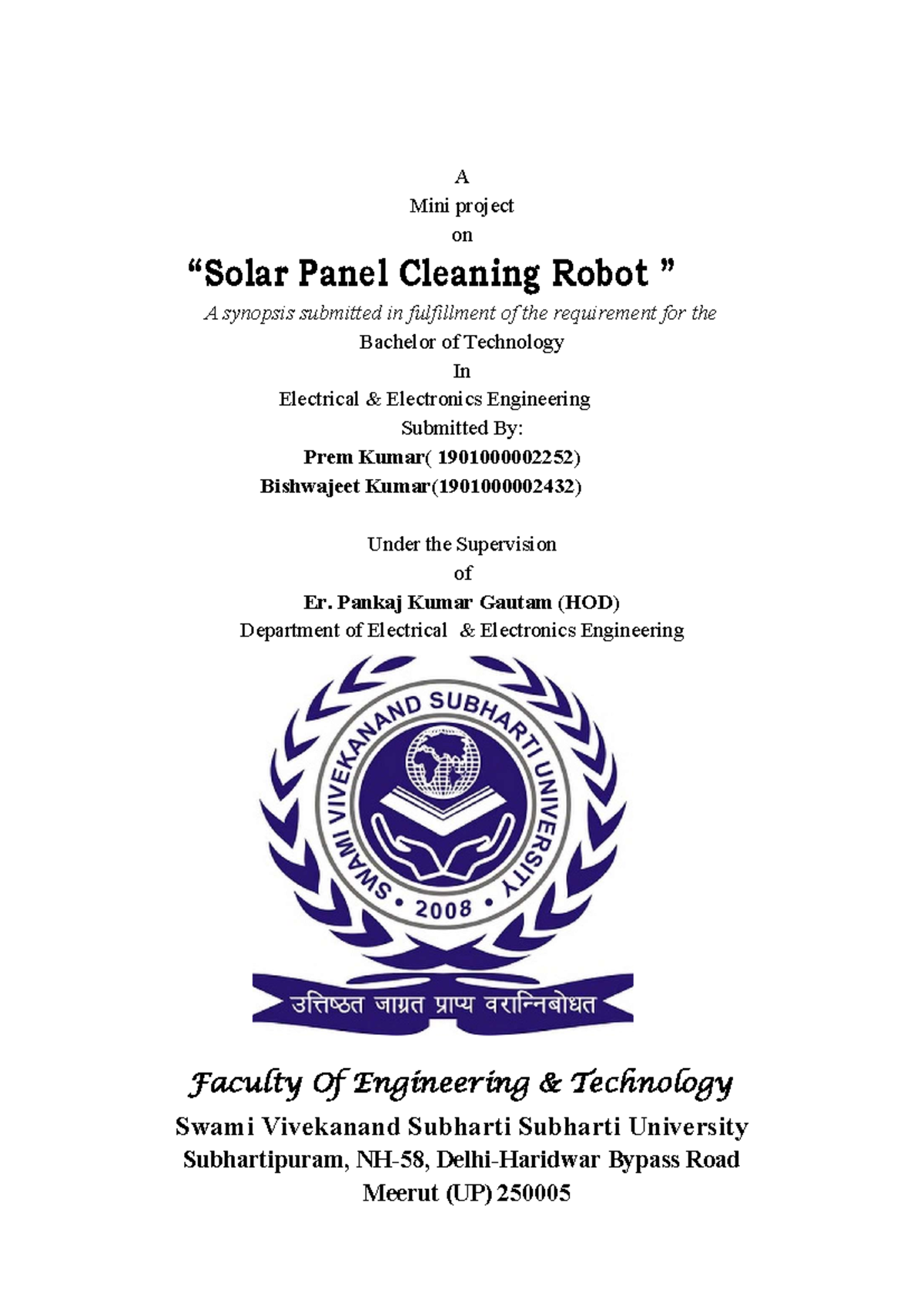Solar Panel Cleaning Robot - Mini Project for B.Tech in EEE - Studocu