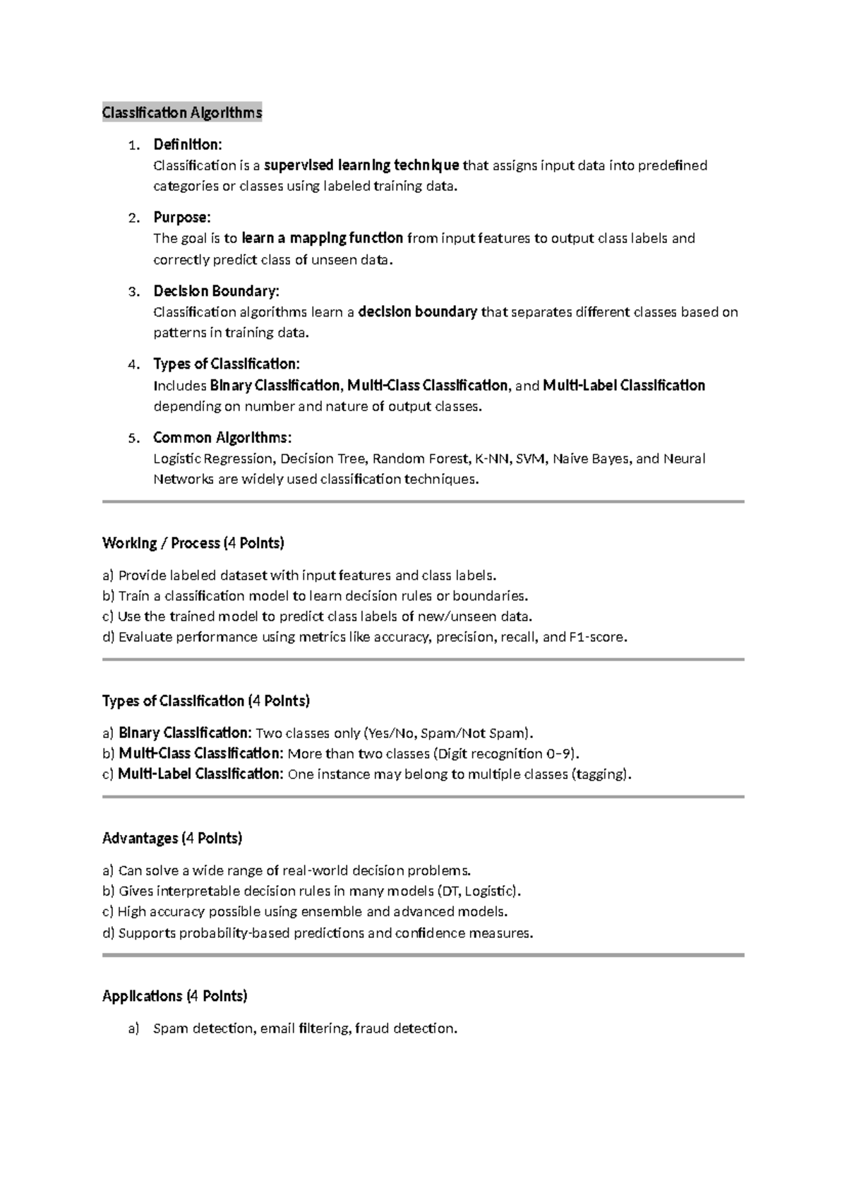 Classification Algorithms U3: Overview, Types, and Applications - Studocu