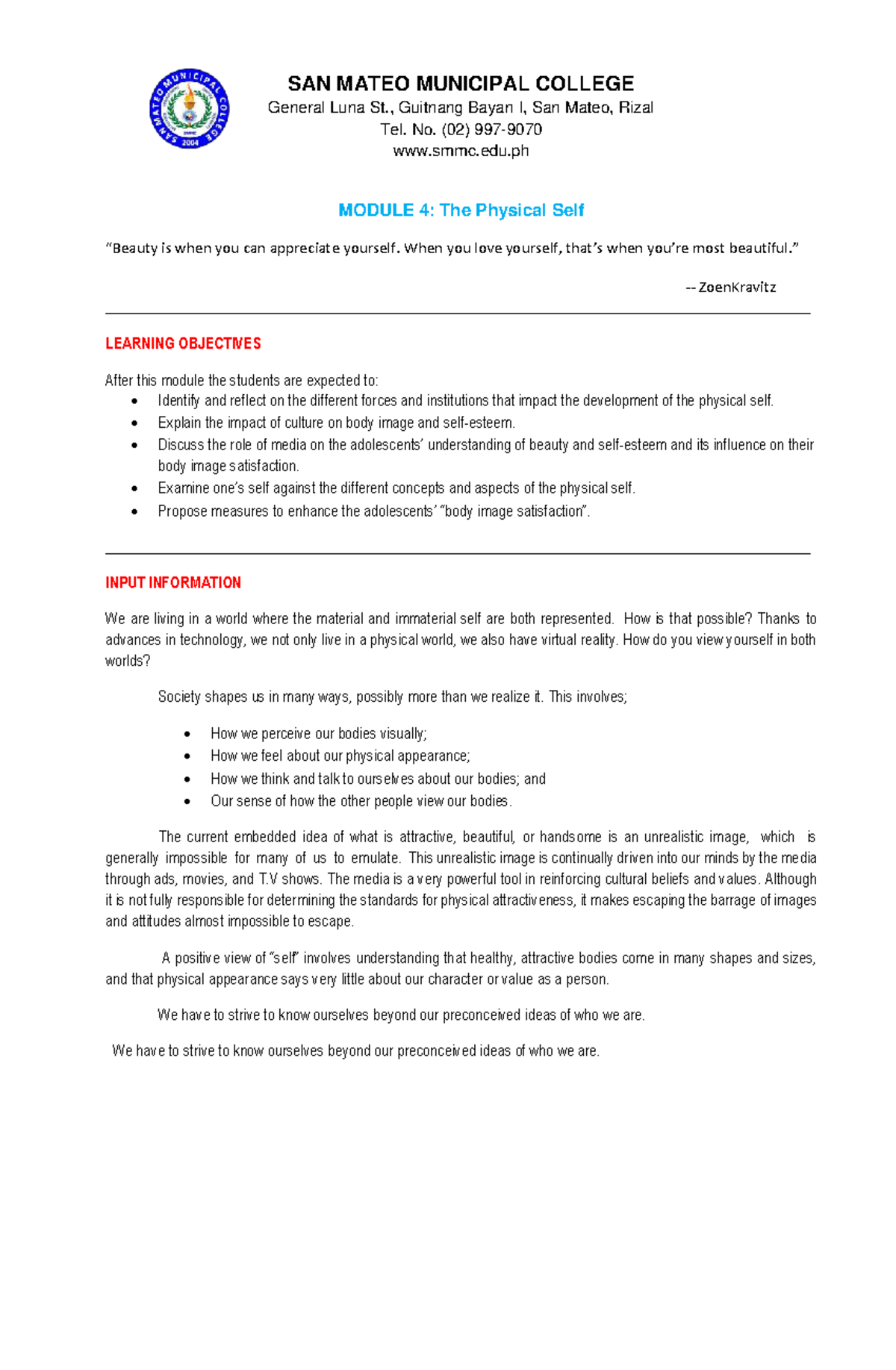 SAN MATEO MUNICIPAL COLLEGE Module 4: Understanding the Physical Self ...