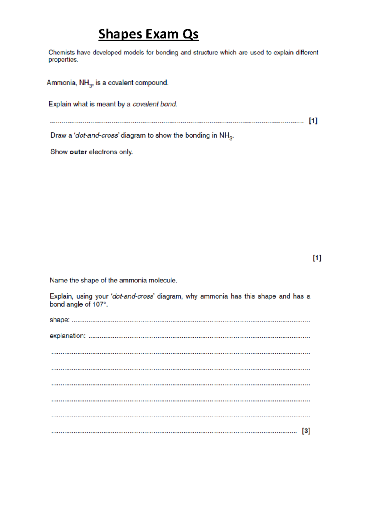 Shapes Exam Qs: Covalent Bonds & Molecular Geometry - Studocu