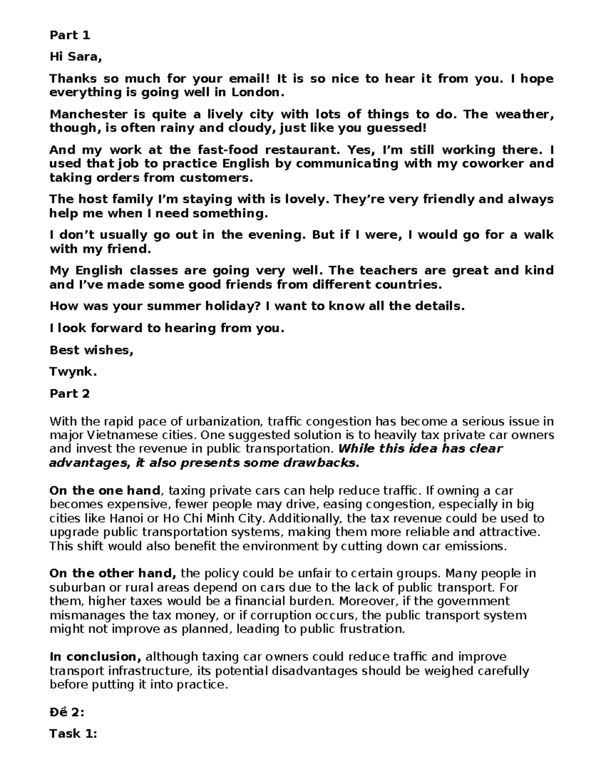 VSTEP Writing Task: Email & Problem-Solution Essays - Studocu