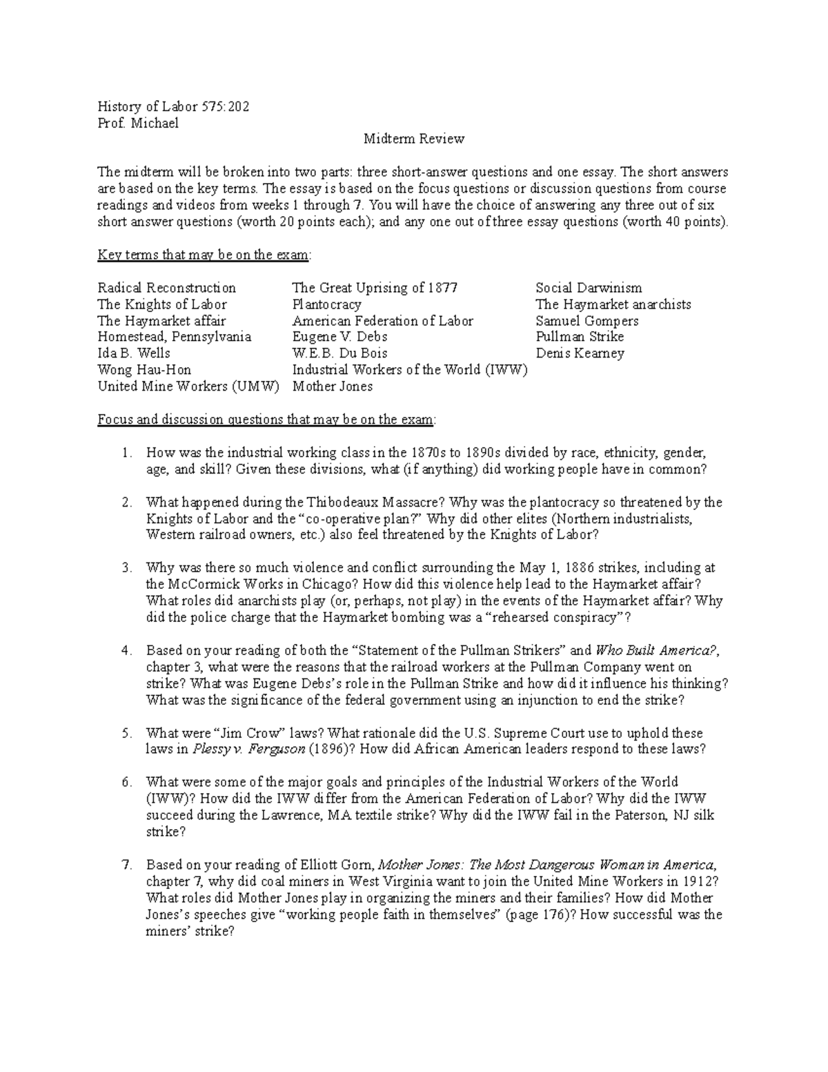Labor History Midterm Study Guide - H575 - Key Terms & Essays - Studocu