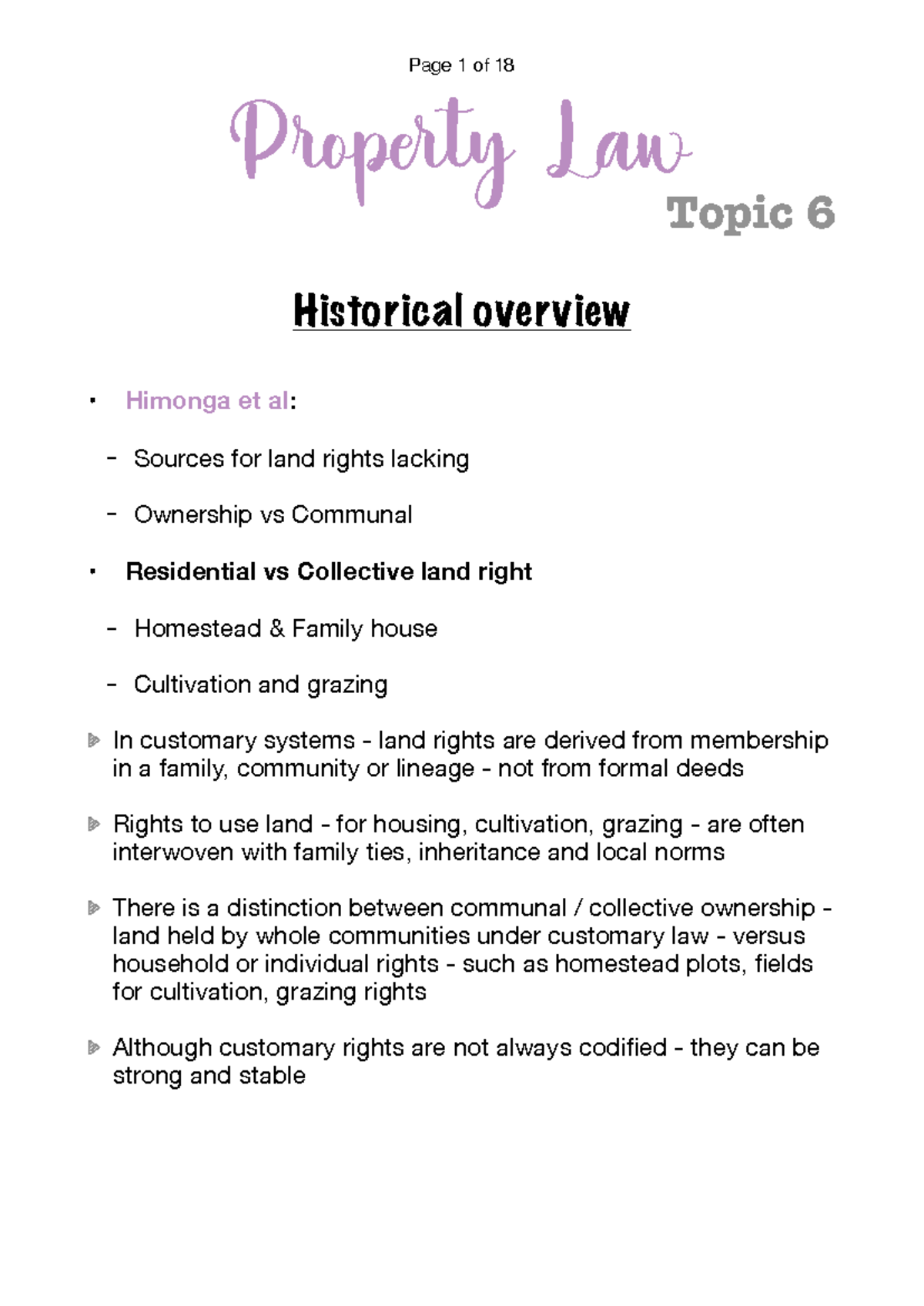Property Law 101: Historical Overview of Customary Land Rights - Studocu