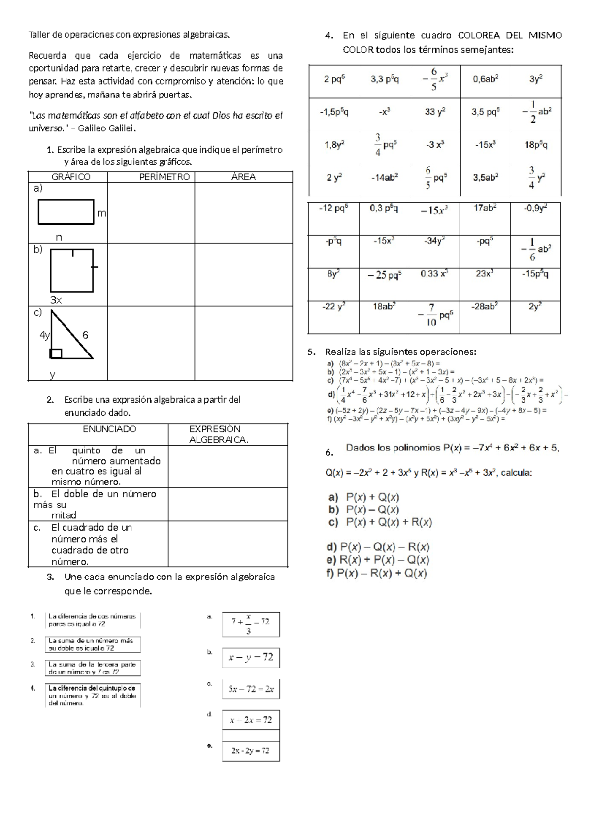 Taller Semana Santa - Ejercicios de práctica de expresiones algebraicas ...