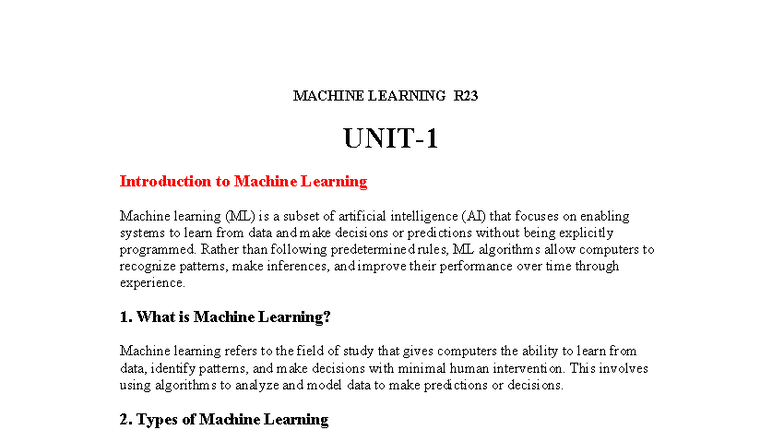 MACHINE LEARNING R23: Comprehensive Study Notes for ML Viva - Studocu