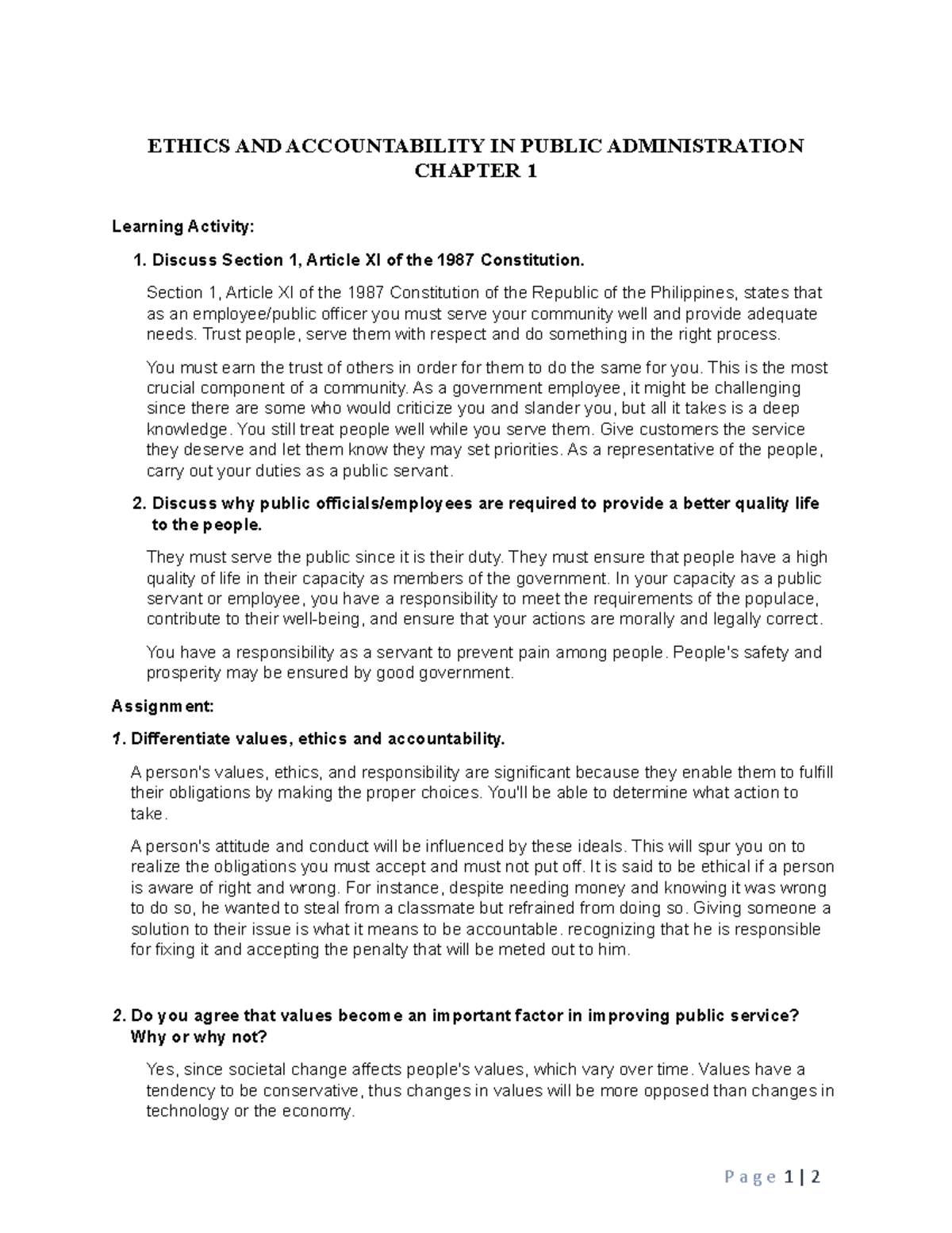 Ethics and Accountability in Public Administration - Chapter 1 Analysis ...